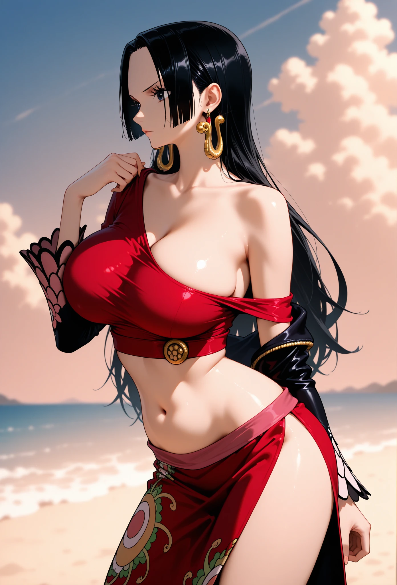 Enorme teto，seios gigantescos , bikini, cabelo preto, corpo inteiro, no fundo um navio pirata.