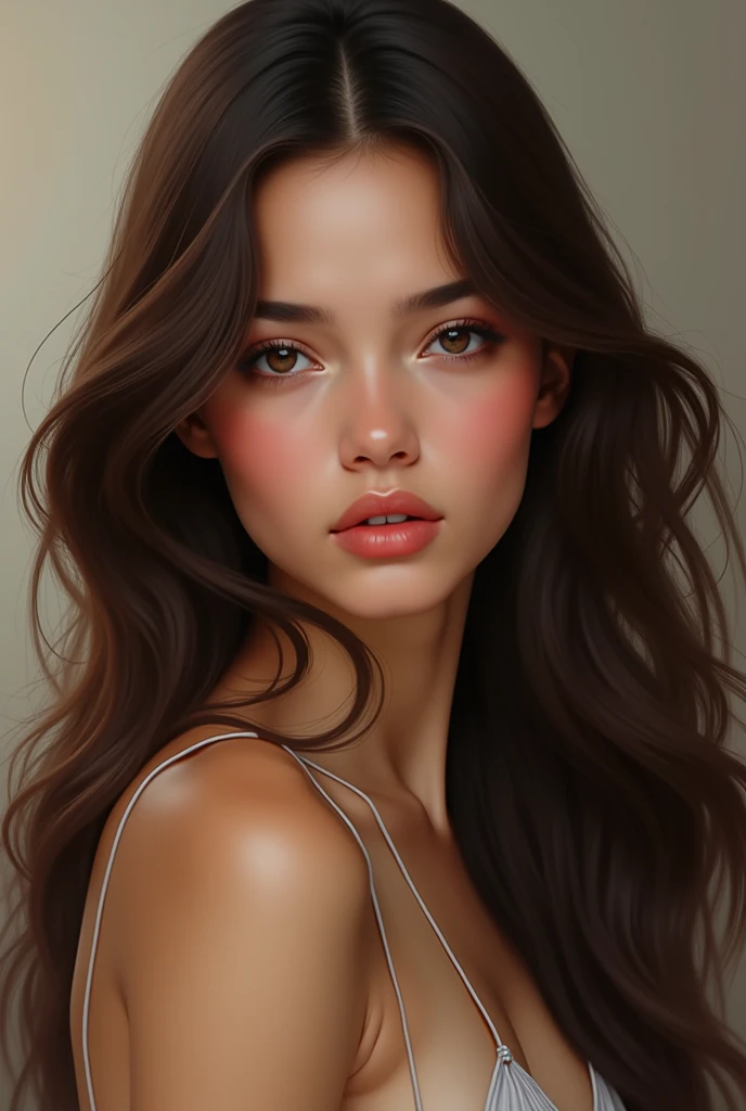 A drawing of a white woman, with light brown eyes, straight brown hair, long eyelashes