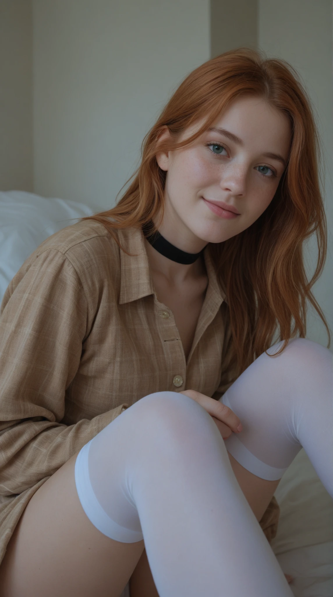 young girl, red-haired woman, blue eyes with light freckles on her cheeks, beautiful, he is wearing a transparent shirt. red stockings, big tits. is in a modernist living room. sits on a white minimalist armchair . Ultra-high resolution, (photorealistic: 1.4), high resolution, (brown eyes), (finely detailed skin), (perfectly proportioned) (photo realistic) (masterpiece) (photorealistic), ultrarealistic (Best Quality) (Detailed) photographed in a Canon EOS R5, 50mm Lens, F/2.8, (8K) (Wallpaper) (Natural lighting) (Convoluted) Fashion