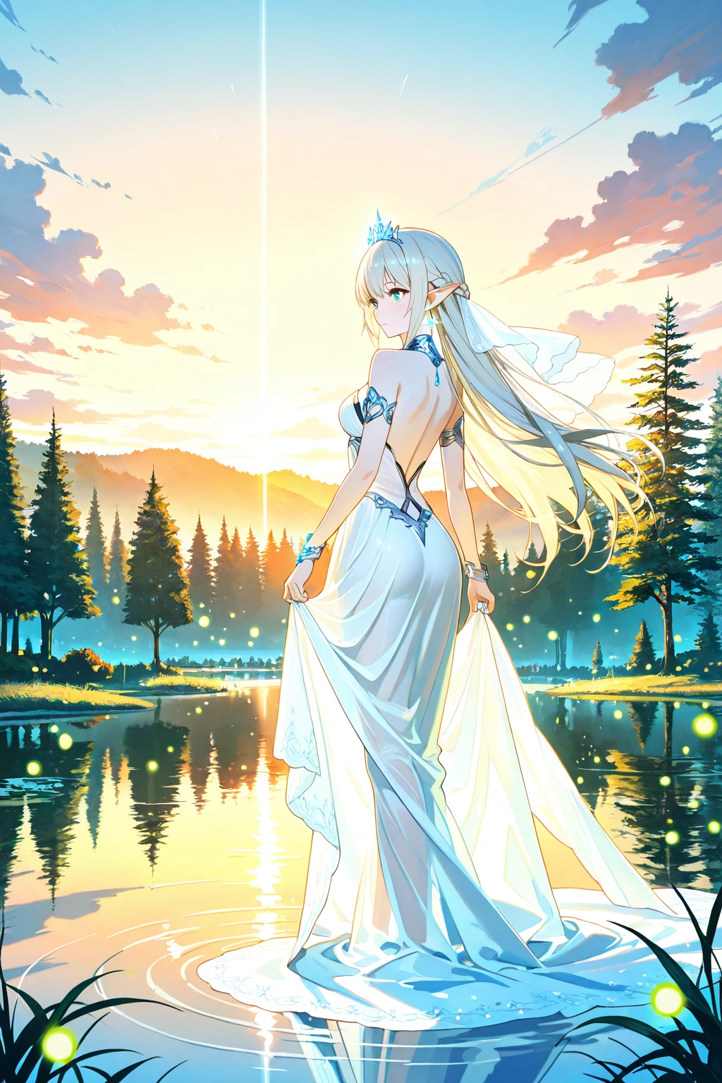 1 girl, with a calm expression, mesmerizing eyes, straight long hair, A flowing dress, calm pose, porcelain skin, Subtle blush, Crystal PendantBREAKGolden Moment, (edge lit):1.2, warm color palette, sunflare, in pastel shades, Vibrant colors, painterly effect, Great atmosphereBREAKScenic lake, Far Mountain, curling, Calm water, reflector, Clouds illuminated by sunlight, tranquil ambiance, Idyllic sunsets, ultra - detailed, offcial art, Unity8k wallpaper , tangled, datura