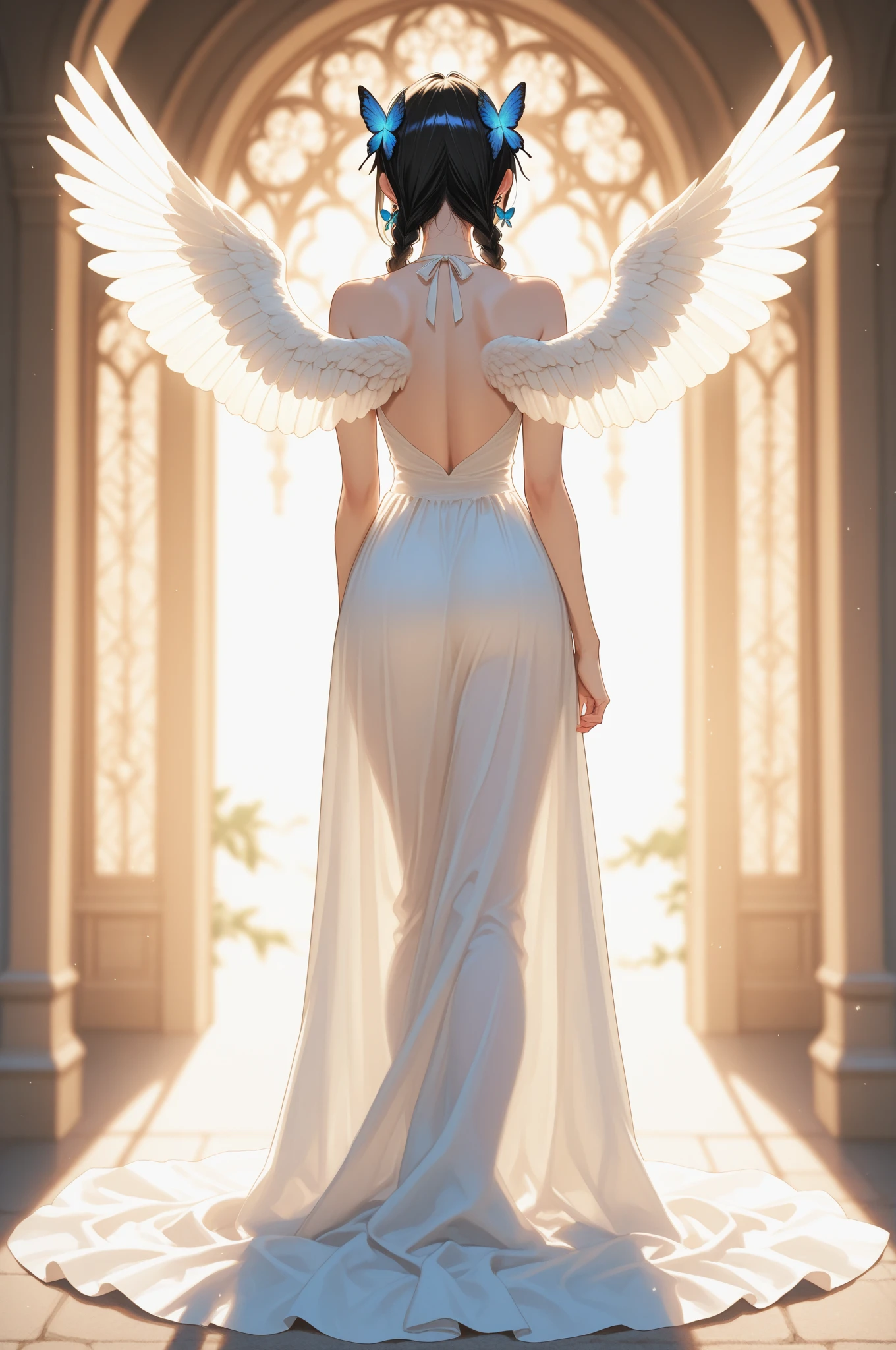Big Breasts Angel, Wearing a gorgeous dress that covers the whole body, Floating in the air, angel wings, outdoor
