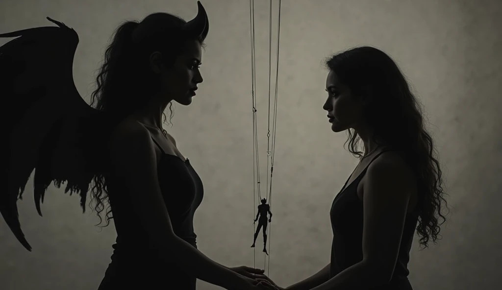Create a scene where a smiling and beautiful Indian actress in black satin dress is carrying a large man on her shoulders inside a dark room, man is sitting on her shoulders , dynamic lighting