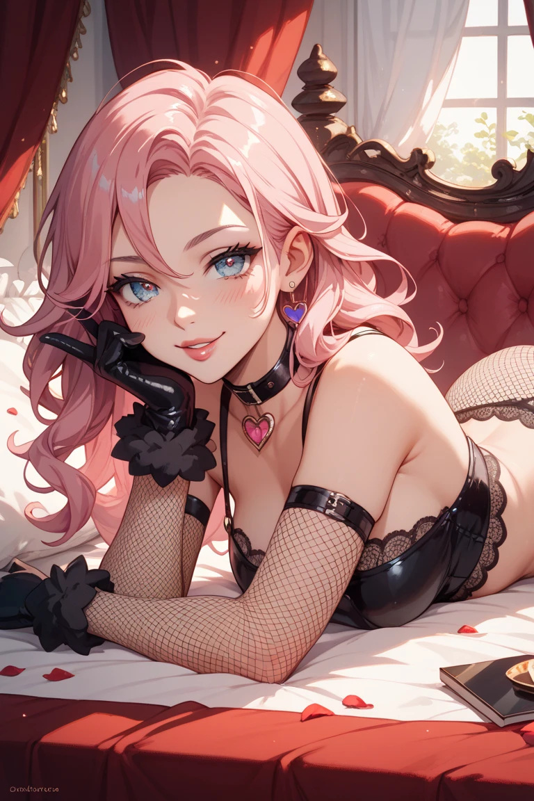full body, extreme curls hair, luxurious hair, lustful eyes, open mouth smile, aroused 25 years old, playfully aroused, dripping with desire, busty cleavage, pink pajamas, slim waist, posing by the bed, coy smile with open parted lips, (blushing:1.3), looking lovingly at the viewer, seductive eyes, facing the viewer, bedroom background, champagne, in love (pov), glowing eyes, chocker, earrings, nsfw,