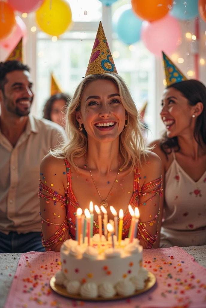Une femme rousse sexy célèbre son anniversaire avec une joie contagieuse. Ses cheveux flamboyants, parfaitement lissés, brillent sous les lumières scintillantes de la fête, accentuant son teint lumineux. Elle porte une robe glamour et ajustée, de couleur beige, qui met en valeur ses courbes et reflète son style audacieux et élégant. Autour d'elle, l'atmosphère est festive et remplie d'énergie. Des ballons, des guirlandes et des confettis colorés décorent la pièce, tandis qu'une table est ornée d'un gâteau d'anniversaire somptueux, couronné de bougies allumées. Le sourire de la femme est radieux, ses yeux pétillants de bonheur, captivant tous les regards. Elle tient une coupe de champagne à la main, prête à porter un toast, ou peut-être un morceau de gâteau, symbolisant ce moment joyeux. Ses amis et proches l'entourent, applaudissant et riant, mais elle reste le centre de l'attention, rayonnant de charme et de confiance. Le mélange de musique entraînante, de rires et de conversations crée une ambiance festive et chaleureuse.

