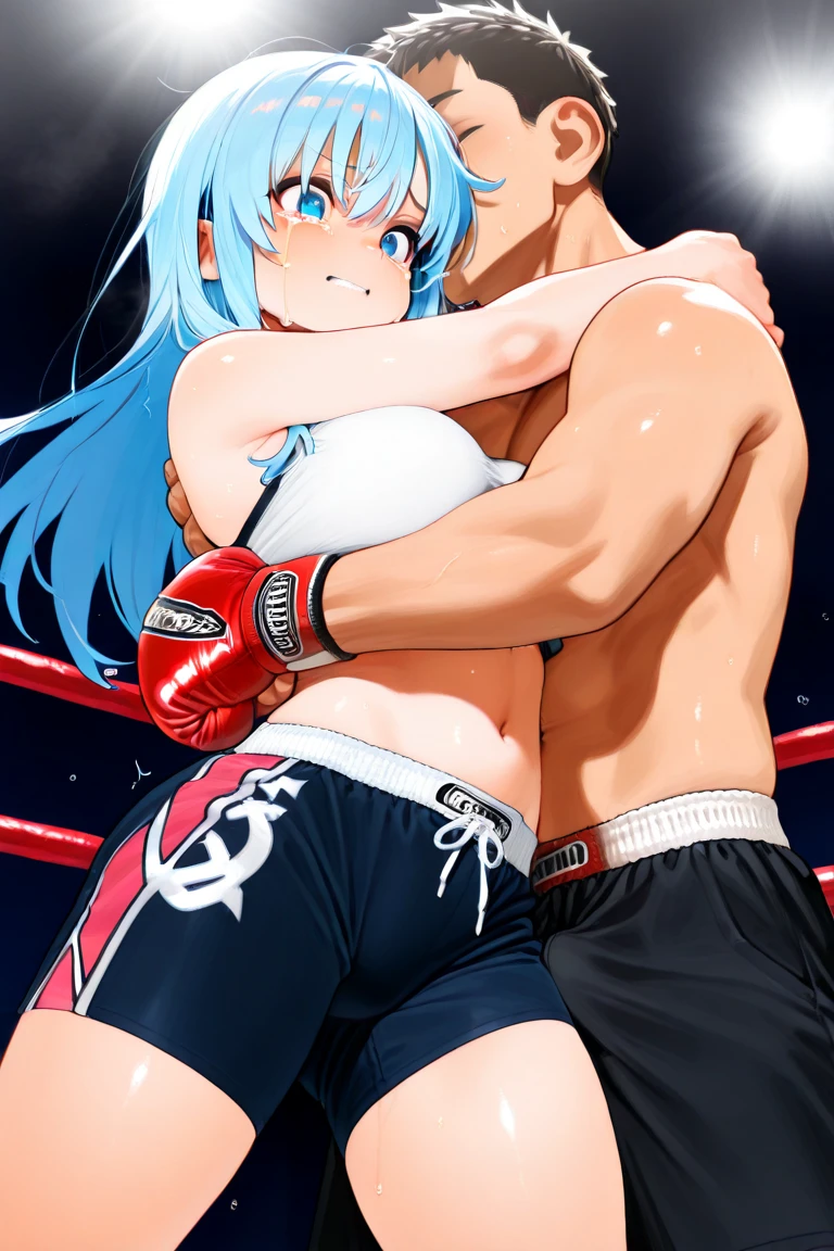 (((masterpiece))),(((best quality))),(ultra-detailed,high resolution:1.2),(illustration),((an extremely delicate and beautiful)),(detailed background),  ((standing)), ((face to face, hug, sex)), toes, vaginal penis, (((wrestling ring)))), ((1shota boy)and(1petit girl)), (hetero), (1shota boy,short stature:1.4), ((((shota boy is 7 years old)))), ((((shota boy is 100cm)))), small penis, undercut, (((he has hair)))), he looks smug,((((1petit girl,short stature)))), girl is 10 years old, (slender body:1.4), (long hair,two side up),aqua hair, aqua eyes, midium breasts,pale skin,shiny skin, ((((flat chest)))), covered navel, collarbone, pale skin,shiny skin, ((She wears aqua competition swimsuit)), (ahegao,rolling eyes:1.4), (trembling), (cum on clothes:1.4),cum on body,excessive cum,cum facial,bukkake,cum on hair,cum in pussy, clothing aside, clothed, text,
