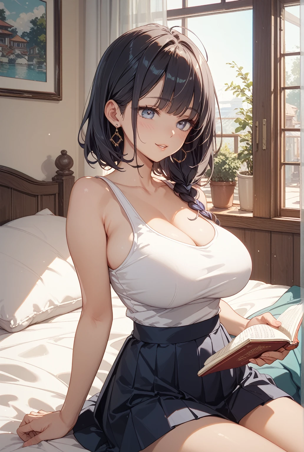 ultra-quality, ultla highres, Hyper Detailed, High contrast, Ultrafine Strike, creative refinement,A dark-haired,ssmile,Show cleavage,livingroom,5 fingers