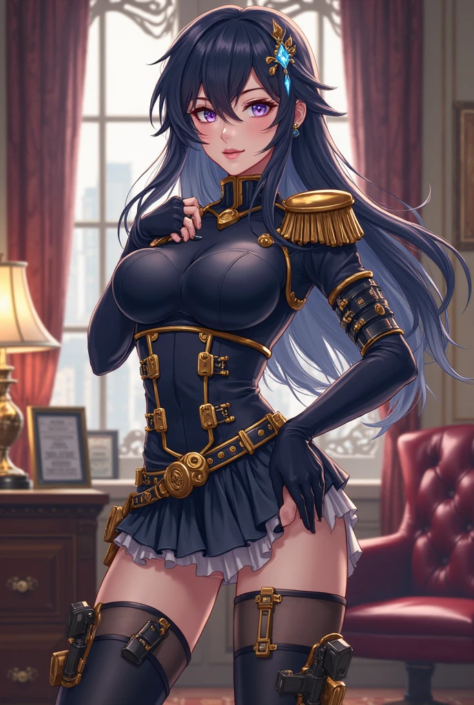 hat,white gloves,pantyhose,long sleeves,white shirt,skirt,thigh strap <lora:ÐлоÑинда Genshin Impact(clorinde,long hair,large breasts, purple eyes,hair between eyes(hat,white gloves,pantyhose,long sleeves,white shirt,skirt,thigh strap):0.9>,clorinde,long hair,large breasts, purple eyes,hair between eyes, anime style, anime colors,detailed anime,animeHD, anime eyes, bigger eyes, high quality anime, large anime pupils, 1girl (in full growth), best quality, masterpiece, ultra-detailed, high quality,perfect anatomy, (perfect full body), (detailed full body), good eyes, perfect face, pretty face,(beautiful and aesthetic:1.2),beautiful eyes, anime eyes, detailed eyes,Exquisite visuals, high-definition, skirt lift, blush, stomach, clothes lift, (no bra), underboob,lifted by self