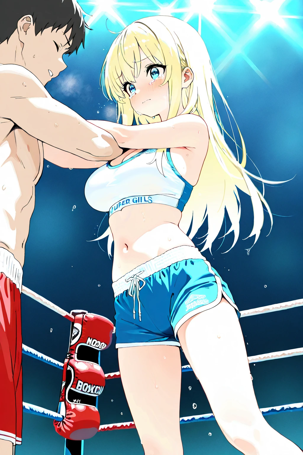 (((masterpiece))),(((best quality))),(ultra-detailed,high resolution:1.2),(illustration),((an extremely delicate and beautiful)),(detailed background), fullbody, standing, ((face to face, hug, sex)), toes, vaginal penis, (((wrestling ring)))), ((1petit girl)and(1petit boy)),hetero, ((((1petit girl,short stature)))), ten years old, (slender body:1.4), (long hair, french braid),straight hair, blonde hair, light blue eyes, ((((flat chest)))), covered navel, collarbone, pale skin,shiny skin, ((She wears one piece swimsuit,frilly swimsuit, hair ribbon)), ((((panicking)))), (wavy mouth), open mouth, (trembling), (cum on clothes:1.4),cum on body,excessive cum,cum facial,bukkake,cum on hair,cum in pussy, clothing aside, clothed, (1petit boy, short stature:1.4), 8 years old, dark-skinned shota boy,interracial, small penis, ((((he has hair)))), he looks smug, text,