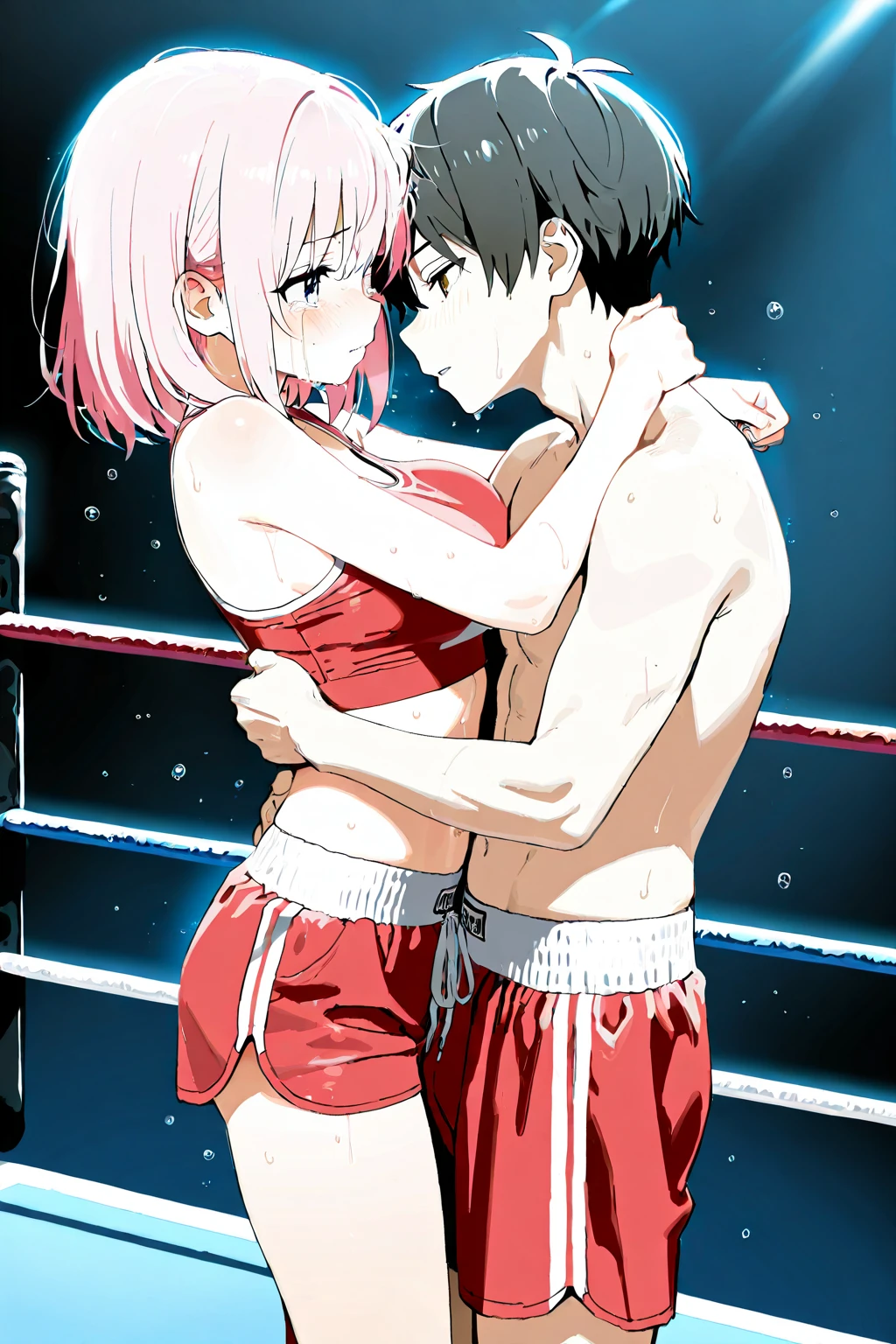 (((masterpiece))),(((best quality))),(ultra-detailed,high resolution:1.2),(illustration),((an extremely delicate and beautiful)),(detailed background), ((((hug from behind)))), sex from behind, standing sex, ((((motion lines)))), vulgarity, (((wrestling ring)))), ((1shota boy)and(1petit girl)),hetero, (1shota boy,short stature:1.4), ((((shota boy is 8 years old)))), dark-skinned shota boy,interracial, small penis, undercut, (((he has hair)))), he looks smug,((((1petit girl,short stature)))), girl is 10 years old, (slender body:1.4),  (medium hair, side-ponytail),straight hair, dark red hair,dark red eyes,((((flat chest)))), covered navel, collarbone, pale skin,shiny skin, ((She wears dark red competition swimsuit)), (ahegao,rolling eyes:1.4), (trembling), (cum on clothes:1.4),cum on body,excessive cum,cum facial,bukkake,cum on hair,cum in pussy, clothing aside, clothed, text,