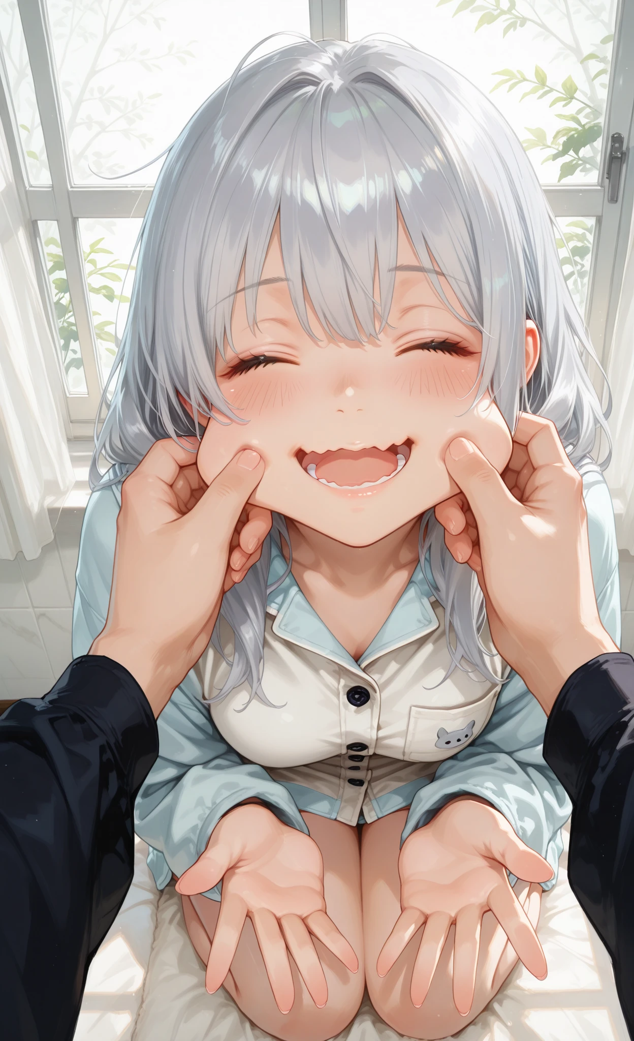Too young cuteness　Too young body type　high school girl　Student bag　Enlarge face only　A large amount of semen is ejaculated into her face by two penises, leaving her face covered in semen