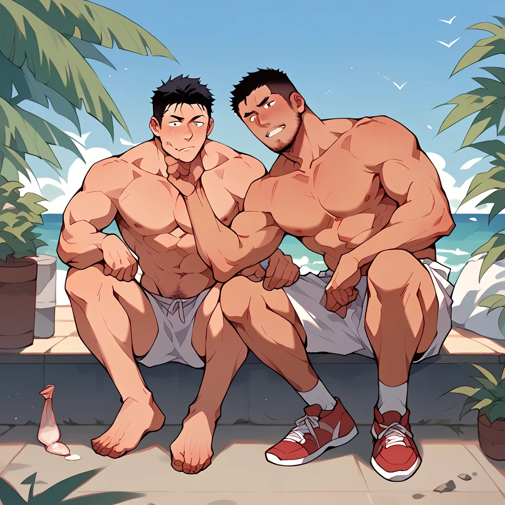 Drawing of men hugging each other，With a sweet smile，One of them has a mustache，Height 180 cm，Black buzz cut，Topless，Dark skin，Eight-pack abs，Black sports shorts，sports shoes，Height 170 cm，Topless，Black short hair，White and tender skin，Eight-pack abs，White sports shorts，sports shoes，The background of two people is the sea and the beach