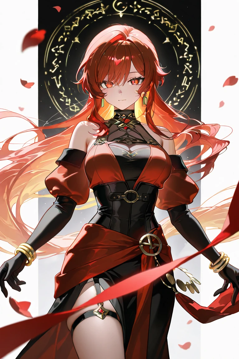Anime phoenix dragon girl, red hair, red eyes, cute, teenager, gold horns, black dress golden outline, ((master piece))