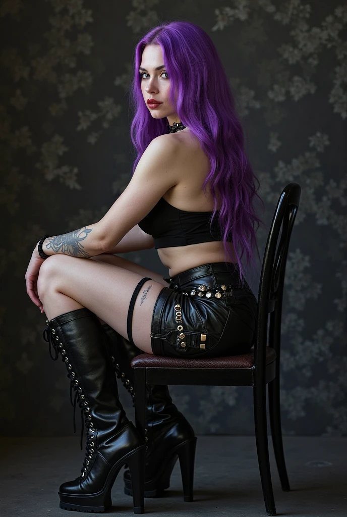 Luna Valtieri is a 28 year old woman, with a slender and athletic figure. She has long, wavy hair dyed a vivid purple and green., divided into asymmetrical locks that fall to your waist. His eyes are an intense green, standing out on his pale face, with bold makeup that includes heavy shadows and eyeliner, besides lips painted black. Their clothes are a mix of punk and gothic, with touches of circus elements: corsets, came on, leather jackets and high boots. She also wears eccentric accessories, like chain necklaces, thorn bracelets and fingerless leather gloves.