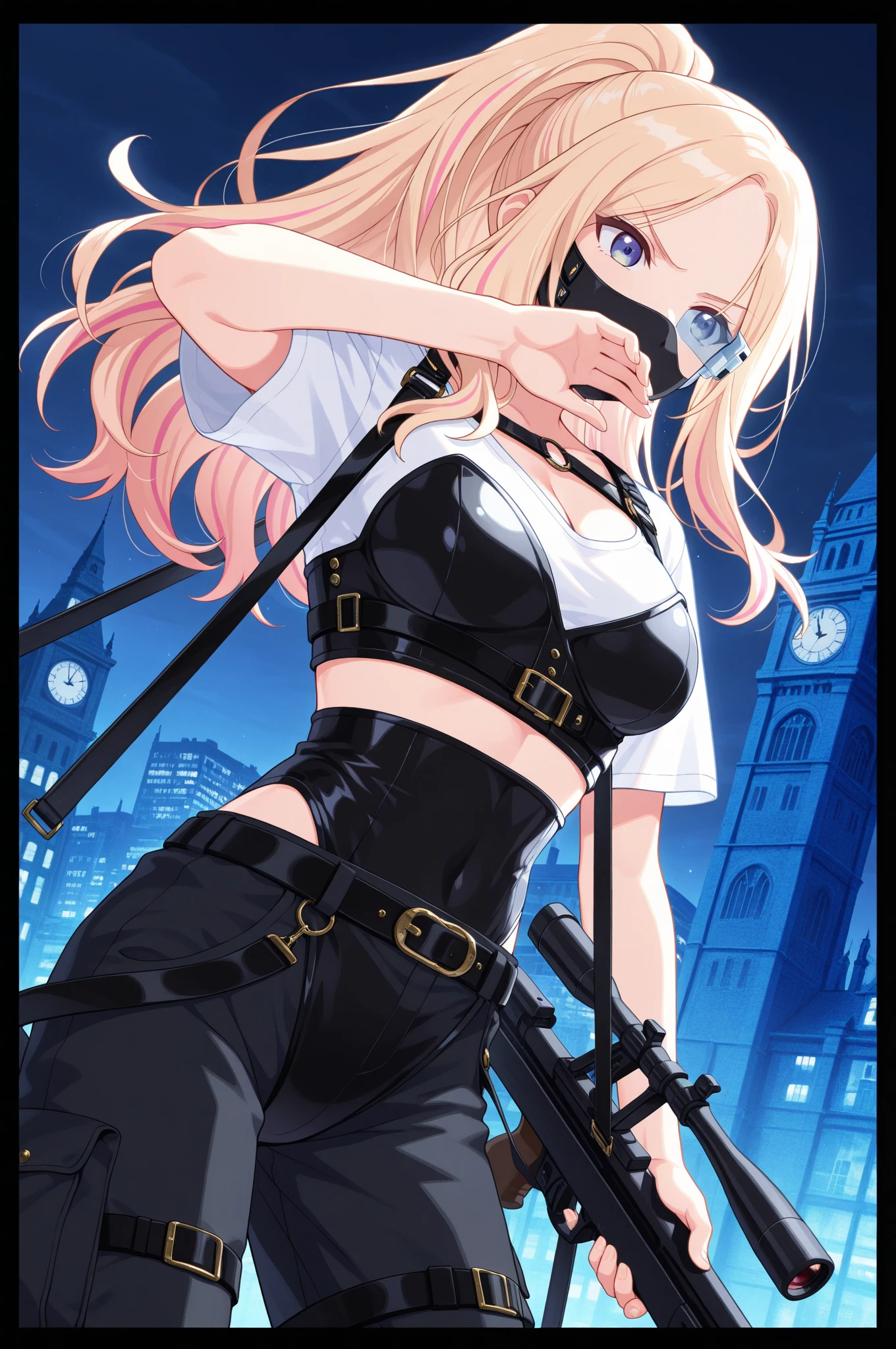 (absurdres, 8k, 4k, masterpiece, hyper extreme detailed:1.2), (masterpiece), best quality, expressive eyes, highres, perfect eyes, 1girl, perfect face, perfect hands, standing, belt, 1girl, blonde hair, eyepatch, perfect anatomy, eyepatch, long hair, platinum blonde hair, muscular, toned body, strong, empty eyes, blank stare, crazy face, crazy eyes, crazy smile, small, golden eyes, deadpan, expressionless, shaded face, messy hair, crazy hair, city background, heroic, half body, cowboy shot, night time, stars, night sky, wind, windy, naked, adult, mature, no clothing, cleavage, midriff, exposed shoulders, crotch, exposed collarbone, nsfw, handcuffs, bondage, bdsm, bound, bdsm, tape gag, tape, tape bondage, restrained, tape wrapped, wrap gag, bondage, taped wrists, taped breasts, taped mouth