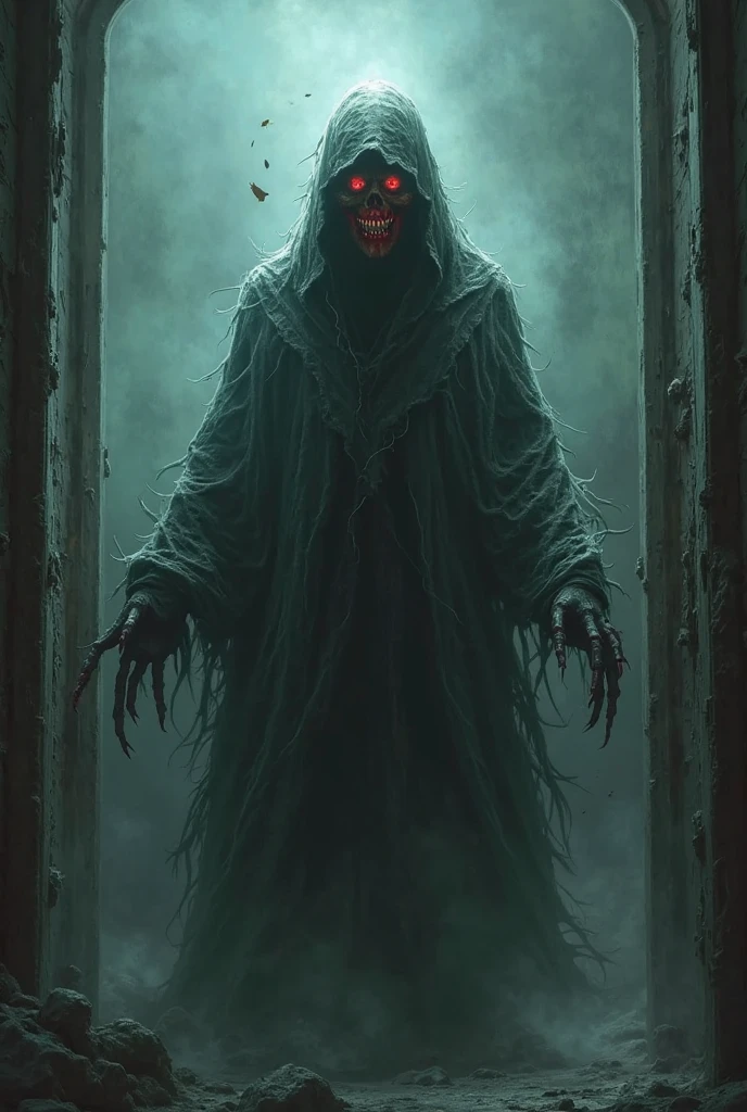 Create a creepy image of a yokai in the style of manga artist 御茶漬海苔. The yokai is a dark shrine maiden with an old shrine maiden's outfit, glowing blue eyes, sharp claws, a creepy laugh, blood-stained hands, a body shrouded in darkness, and a black aura. The background is a decayed shrine, emphasizing shadows and a sinister atmosphere.