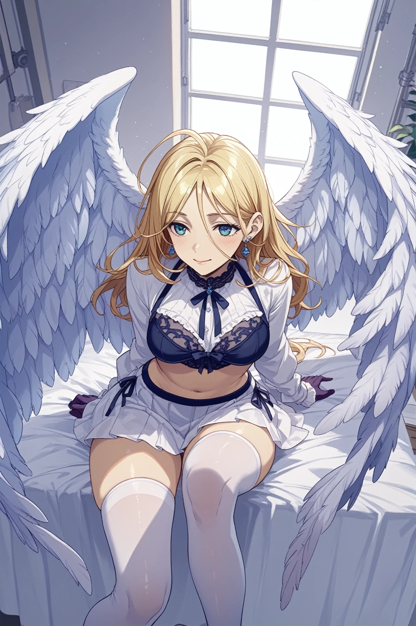 ((Highest quality)), ((masterpiece)), ((detailed)), (4K), (nsfw), 1girl, 独奏, wings, cross earrings, underwear, panties, side-tie panties, feathered wings, shirt, black panties, breasts, Angel wings, long hair, navel, jewelry, untied panties, open clothes, blonde hair, sitting, earrings, cross, white shirt, looking at viewer, tongue, off shoulder, tongue out, open shirt, long sleeves, large breasts, untied, water, wet