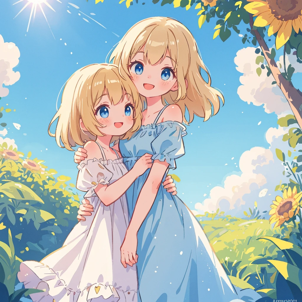 Ultra-definition, ultra-high resolution, 64k, masterpiece, highest quality, beautiful eyes in every detail, high-resolution background, bright and beautiful atmosphere, 3 girls (2 years old, 1 short-tempered round face), Chibi (1 child) ( Hair)), surface effect), color effect), small , blonde hair, early morning, morning glories blooming brightly, a girl looking happily at the morning glories, many mini pigs looking at the morning glories with curious faces, very beautiful Asahi, deltamon_sdXL:0.73) >Deltamon Negative Prompt