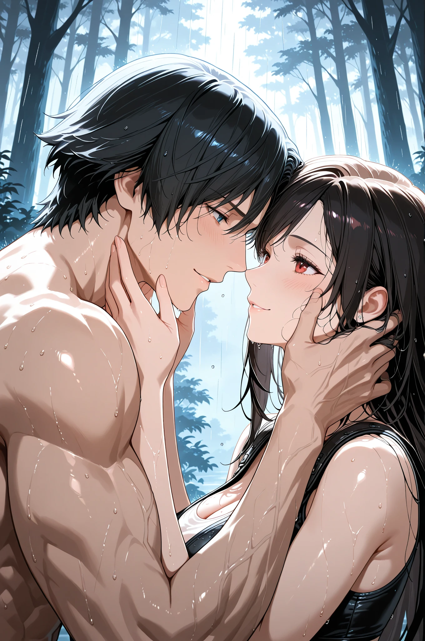 1boy, 1girl, hetero, closed eyes, tongue kiss, tongue out, sitting, partially submerged, hot spring, waterfall, breast press,(swimsuit), hugging, soaking wet, abs, having sex, naked