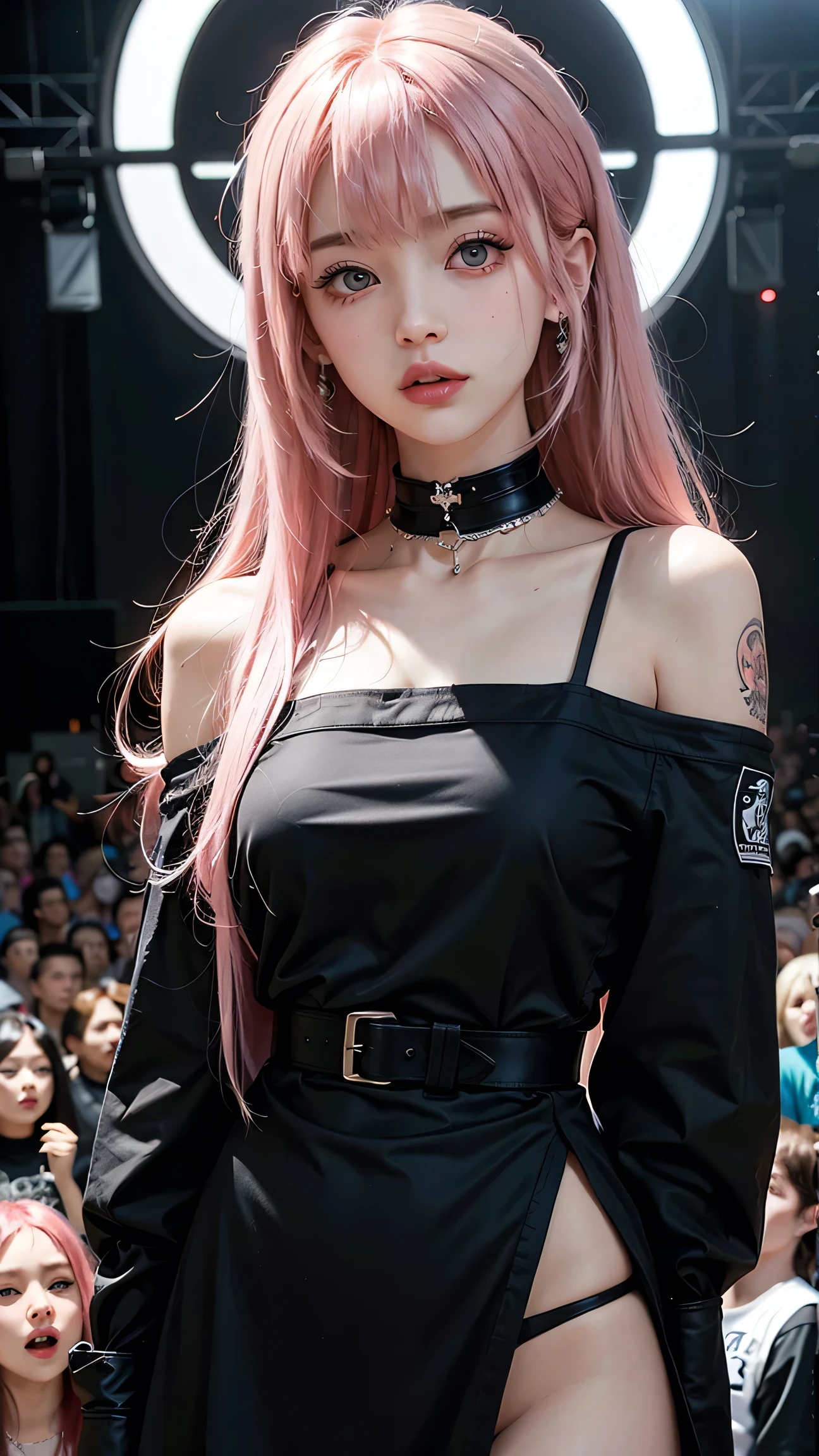 27-year-old female with long black and pink hair, splayed bangs, dark blue, white border, round collar, gold buttons
