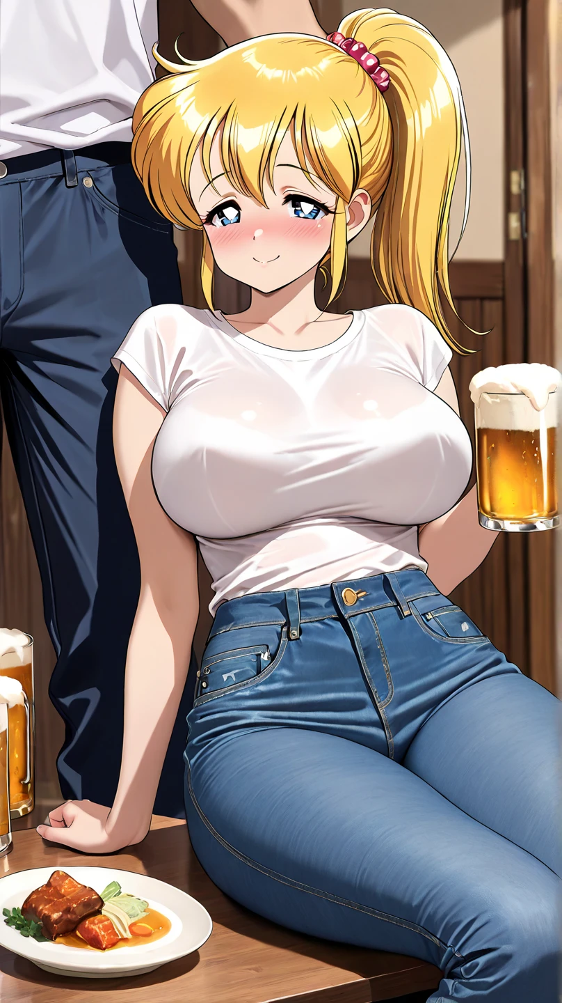 (masterpiece:1.5)、(highest quality:1.5)、(8K:1.2)、(Super detailed:1.2)、(photorealistic:1.2)、(ultra high resolution:1.2)、(Highly detailed and realistic skin:1.2)、(Very detailed and clean sharp eyes:1.2)、bright lighting、(Sitting on the sofa at home:1.2)、(cool man:1.3)、break、(A male and female couple toasting with a glass of beer:1.3)、(male and female couple laughing:1.5)、beautiful sunlight from the window、(woman with slender figure:1.2)、18 year old beautiful woman、natural color lip、(Beautiful long blonde hair that covers one eye:1.3)、(small beautiful breasts)、break、(white tight t-shirt:1.4)、(Nipples stand out under the white T-shirt)、break、(Sparkling smile:1.2)、(Focus on the upper body:1.2)、seen from the front