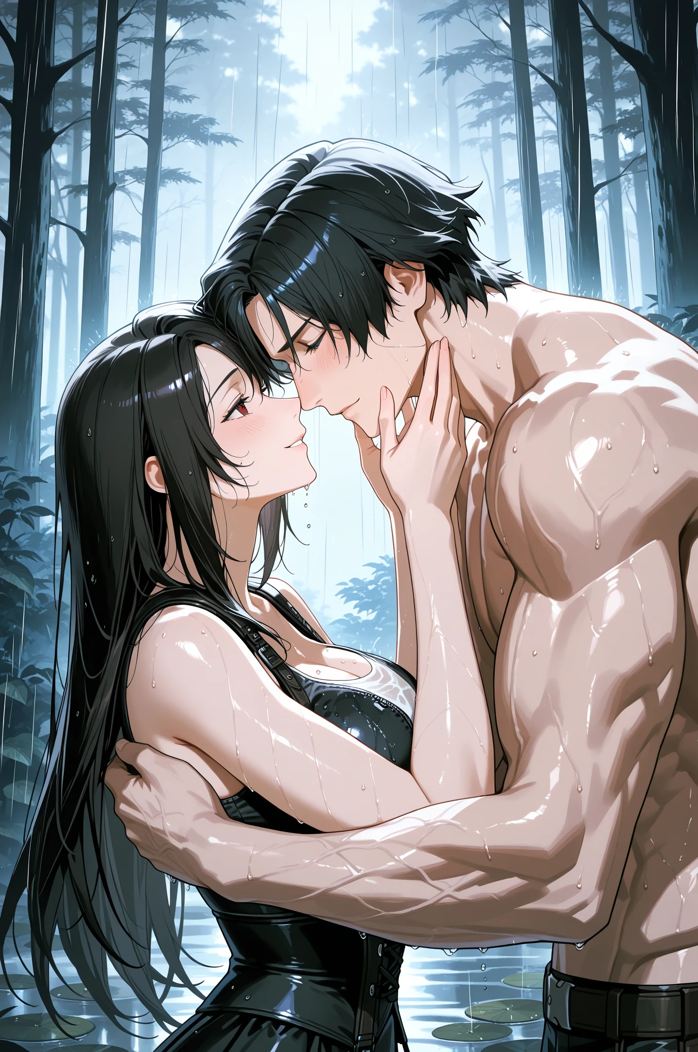 1 guy, press, Thin, pale, rings on fingers, black nails, Glasses, black hair, sporty, Glass eyes, cinematic lighting, Blur background, Best quality, Brown eyes, Laugh, On the battlefield, swamp, Bright sky, Wet, trees, Herbage, flowers, water, mud, naked, touches naked girl's pubis,