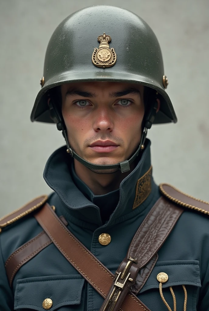 German man wearing grey German military uniform、A friendly German young man wearing a realistic Stahlhelm