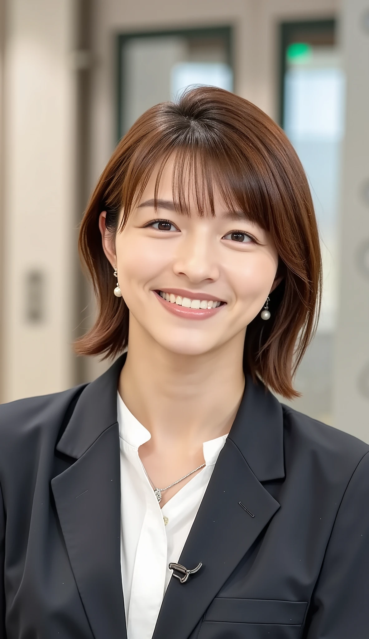 Neat Young Woman、and look at the camera、office lady suit、jacket、shirt、ネックレス、、ear piercing、、smile showing teeth、背景はオフィス
