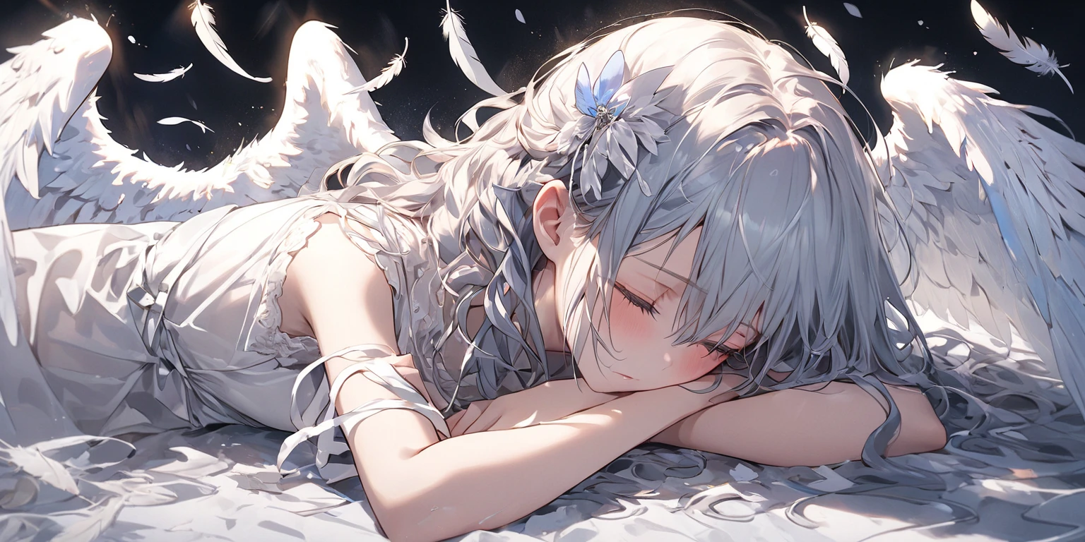 masterpiece, best quality, beautiful detailed sky, 1girl, illustration, an extremely delicate and beautiful girl, beautiful detailed eyes,flower, petals,lying,fly