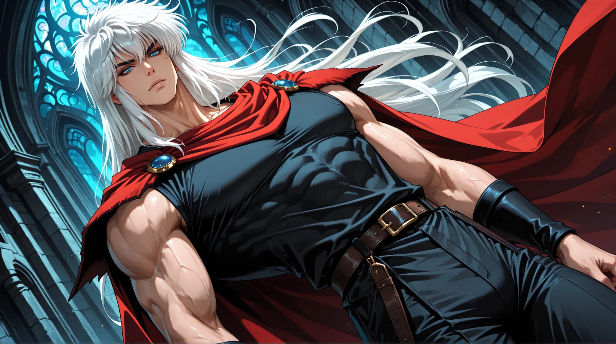 adult male,(Dark Schneider/Bastard!),handsome, tall, finely detailed eyes and detailed face, dutch angle, ((very long white hair)), blue eyes, more details, looking at the viewer, light skin, detailed textures, masculine, black muscle shirt, black pants, belt, red cape, spaulders,, ,masterpiece, best quality, ultra detailed, 8k unity wallpapers, ray tracing, illustration, colorful, cinematic shadow, extremely detailed background, fantasy character, dnd,bishounen,tsurime