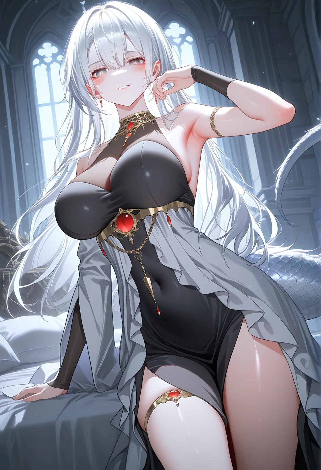 one pregnant anime girl with white hair and red eyes, chained and laying on a bed. Sad. breast feeding