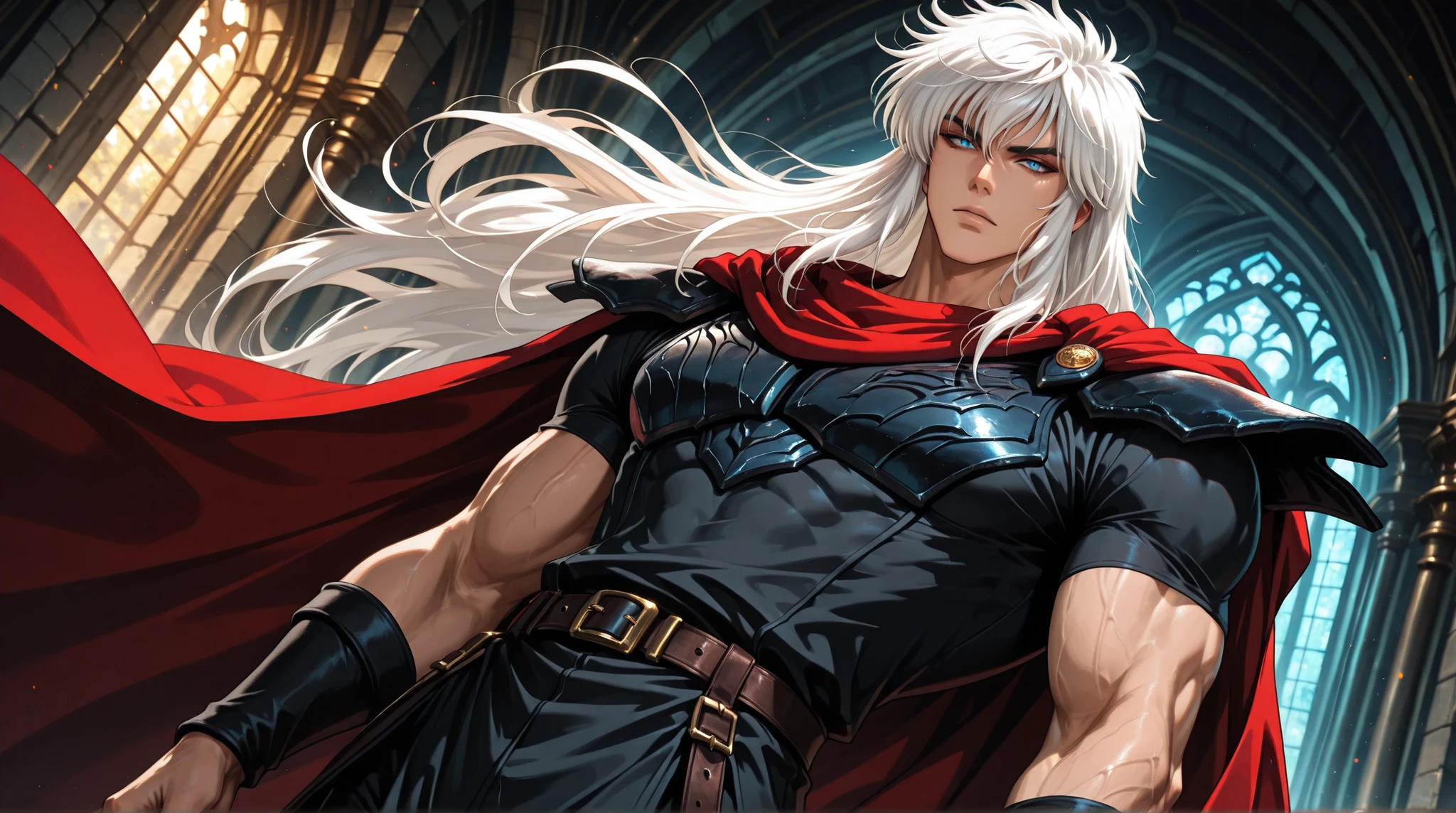adult male,(Dark Schneider/Bastard!),handsome, tall, finely detailed eyes and detailed face, dutch angle, ((very long white hair)), blue eyes, more details, looking at the viewer, light skin, detailed textures, masculine, black muscle shirt, black pants, belt, red cape, spaulders,, ,masterpiece, best quality, ultra detailed, 8k unity wallpapers, ray tracing, illustration, colorful, cinematic shadow, extremely detailed background, fantasy character, dnd,bishounen,tsurime