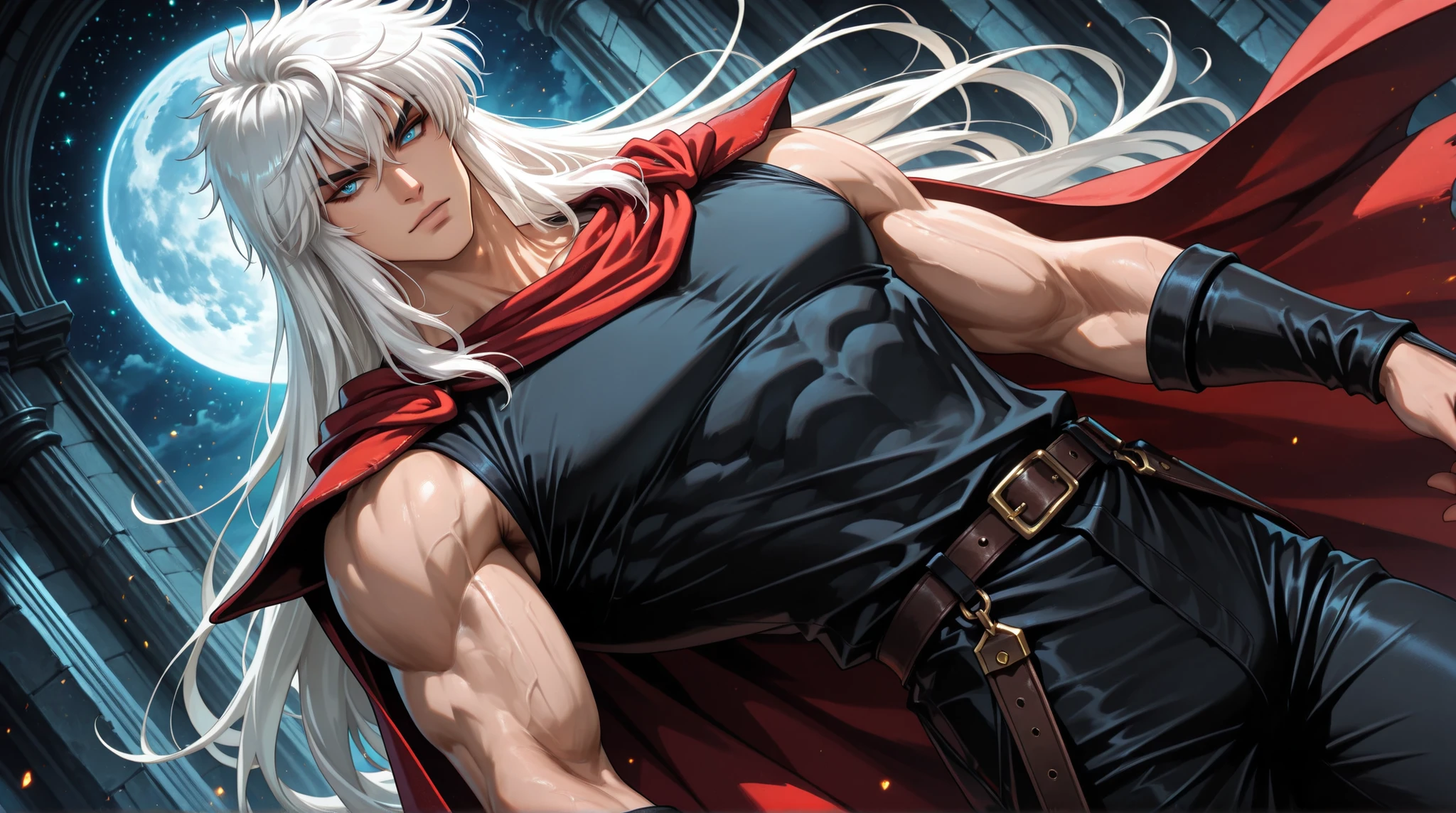 adult male,(Dark Schneider/Bastard!),handsome, tall, finely detailed eyes and detailed face, dutch angle, ((very long white hair)), blue eyes, more details, looking at the viewer, light skin, detailed textures, masculine, black muscle shirt, black pants, belt, red cape, spaulders,, ,masterpiece, best quality, ultra detailed, 8k unity wallpapers, ray tracing, illustration, colorful, cinematic shadow, extremely detailed background, fantasy character, dnd,bishounen,tsurime
