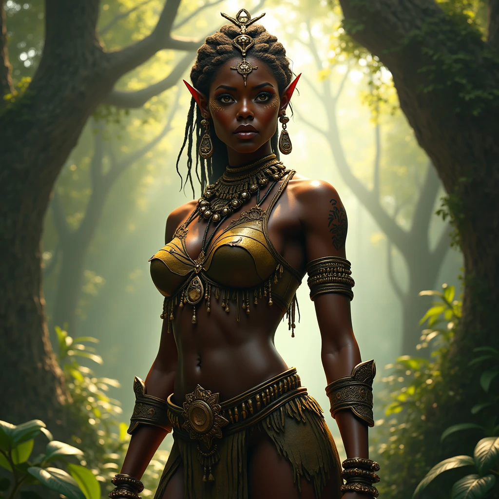 enormously tall and slender elf, slim body:2.5, dark skin:1.5, brown skin, tree bark, shooting a long bow, camouflaging, face paint, cautious hunter, strong bow, intricate details, hunter, ranger, angered face, arrow in hand, aiming at watcher