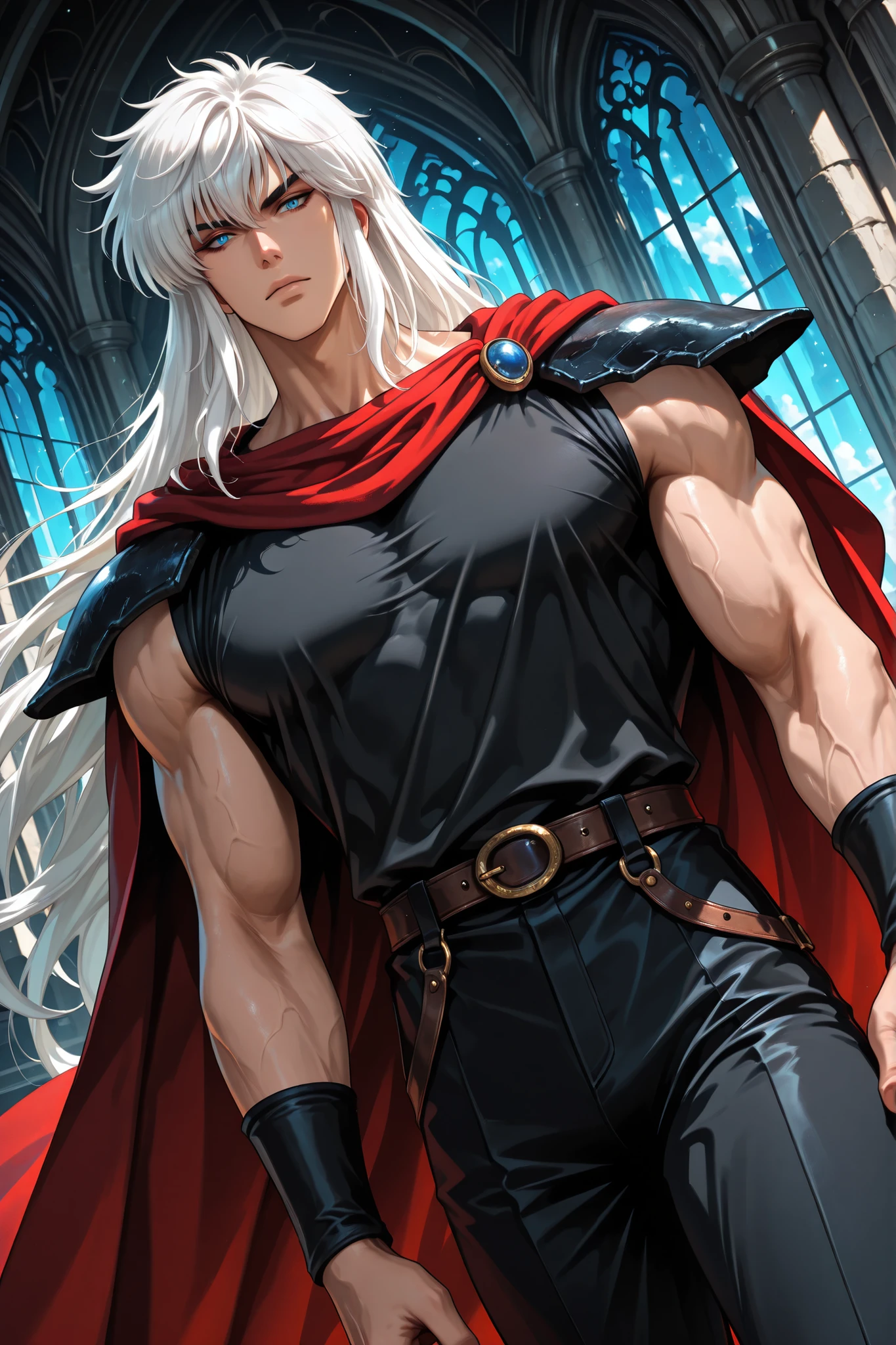 adult male,(Dark Schneider/Bastard!),handsome, tall, finely detailed eyes and detailed face, dutch angle, ((very long white hair)), blue eyes, more details, looking at the viewer, light skin, detailed textures, masculine, black muscle shirt, black pants, belt, red cape, spaulders,, ,masterpiece, best quality, ultra detailed, 8k unity wallpapers, ray tracing, illustration, colorful, cinematic shadow, extremely detailed background, fantasy character, dnd,bishounen,tsurime