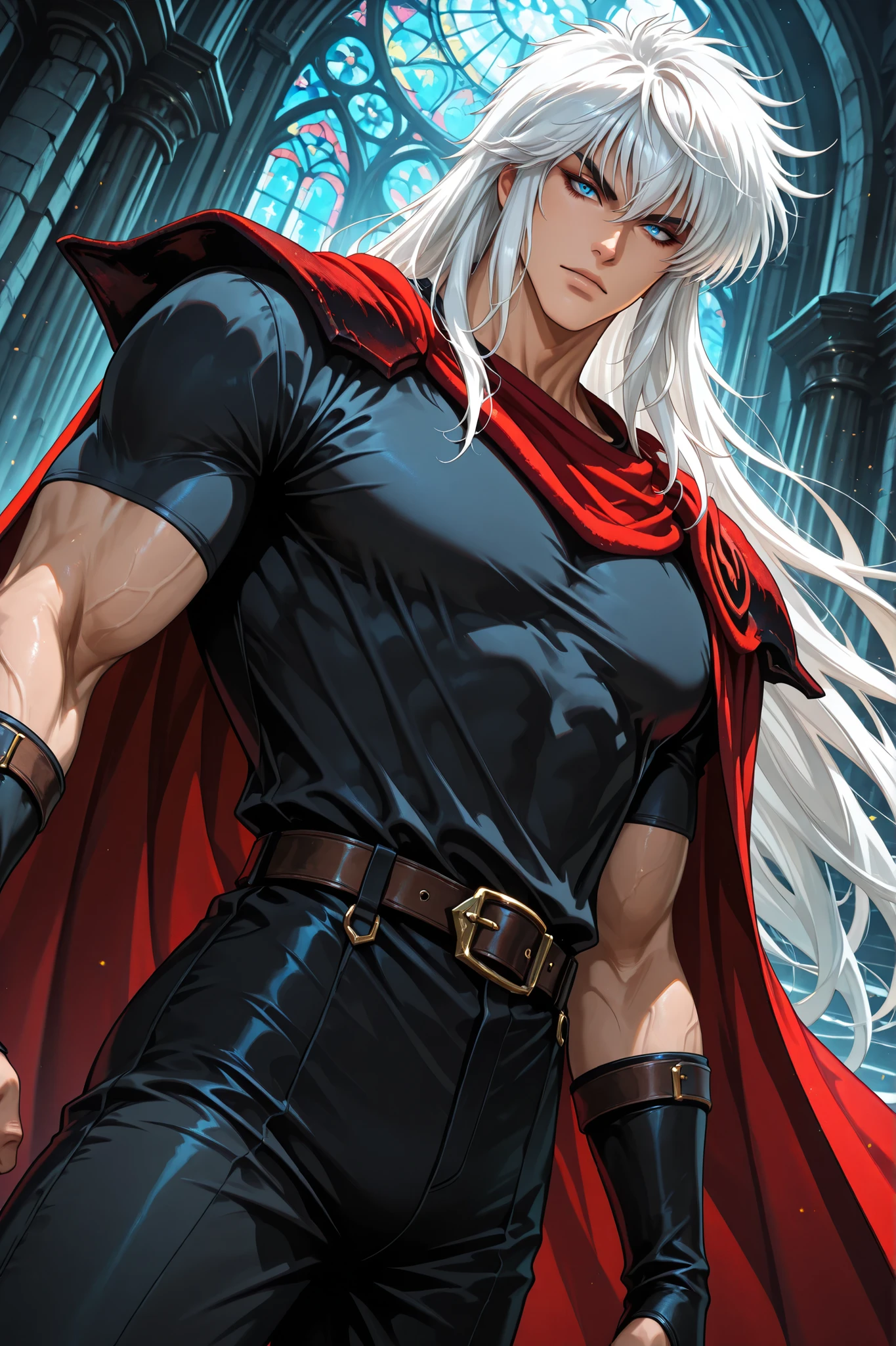 adult male,(Dark Schneider/Bastard!),handsome, tall, finely detailed eyes and detailed face, dutch angle, ((very long white hair)), blue eyes, more details, looking at the viewer, light skin, detailed textures, masculine, black muscle shirt, black pants, belt, red cape, spaulders,, ,masterpiece, best quality, ultra detailed, 8k unity wallpapers, ray tracing, illustration, colorful, cinematic shadow, extremely detailed background, fantasy character, dnd,bishounen,tsurime