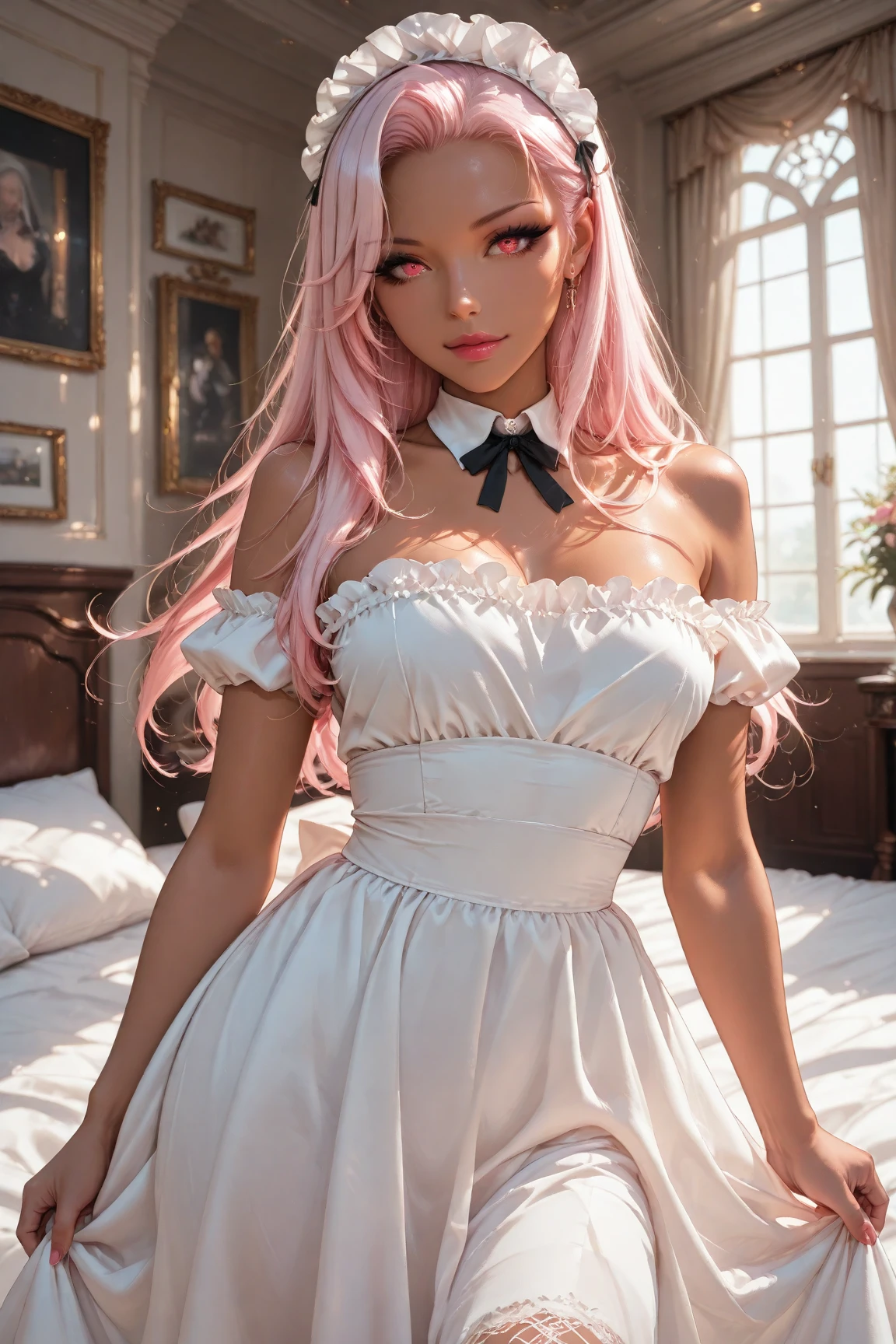Pink haired woman in a white and black outfit laying on a bed, belle delphine, ahegao, anime vibes, ahegao face, anime barbie in white stockings, shikamimi, webcam footage, highly realistic. live cam, y 2 k cutecore clowncore, pink twintail hair and cyan eyes, blonde hair and large eyes, low quality video