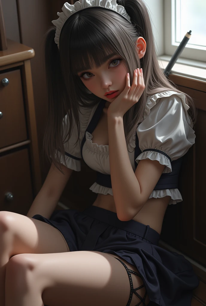 japanes　A teenage girl、lyin in bed、Black underwear、Lace knitted underwear、Point your foot at the camera、Near the windowsill with a little wind、garterbelts、traditional Japanese room、Room with light、A dark-haired、Hair to the shoulders、thin-waist、middlebreast、Big eyes、