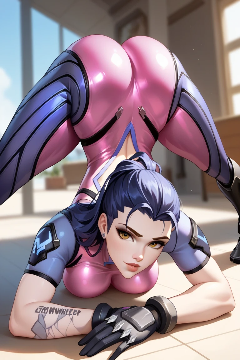 full body picture Unreal Engine 5 8K UHD of a girl couple, best quality, masterpiece, wearing black tight latex catsuit, latex corset, collar, arm and leg cuffs, high heels, purple details, cuddling each other