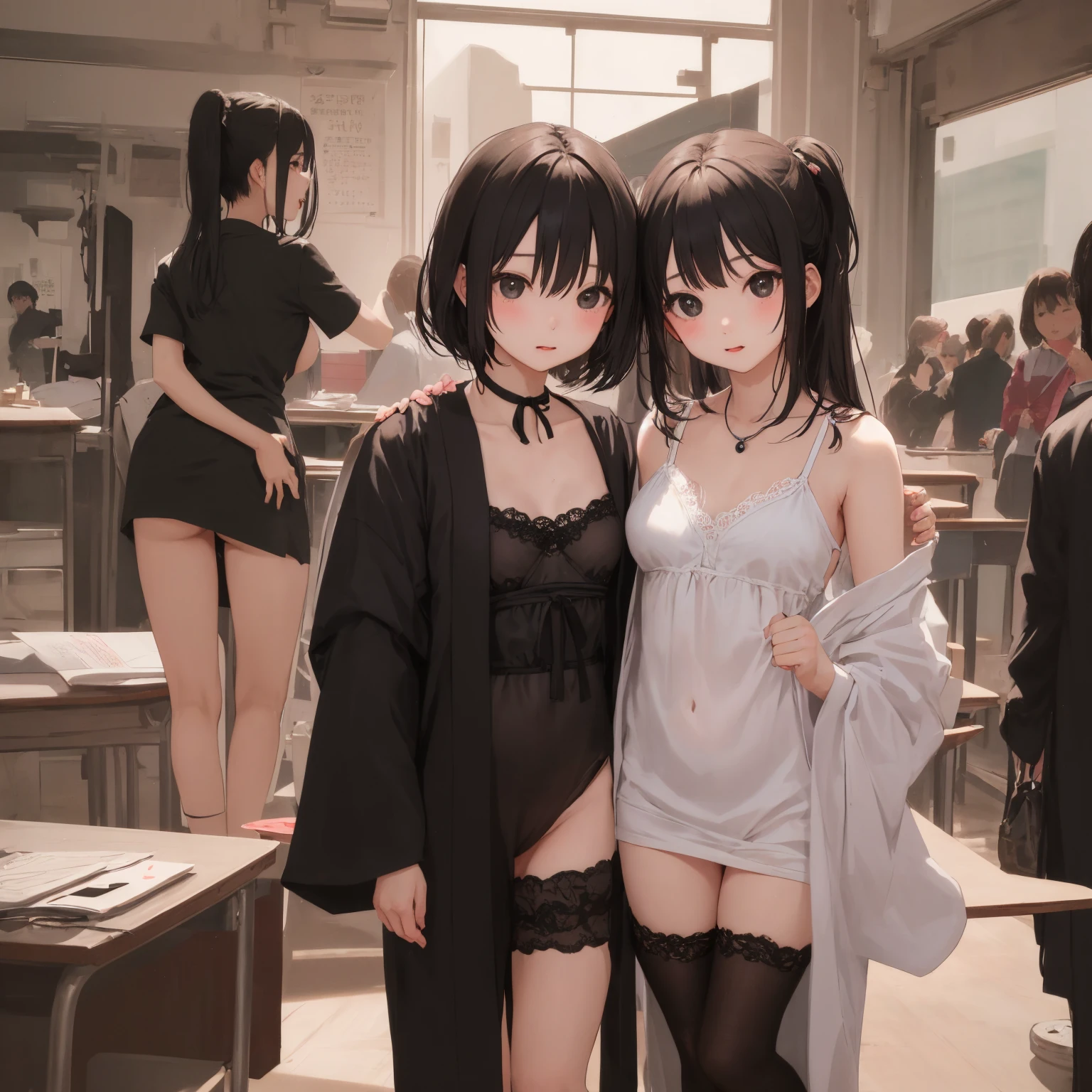 Highest quality,masterpiece,Detailed,An idol group that is all about sexiness,In underwear,bra,panties,Two-tone hair color,A good friend,Promotional photo shoot,During a break,Photo studio,chatting,Earrings