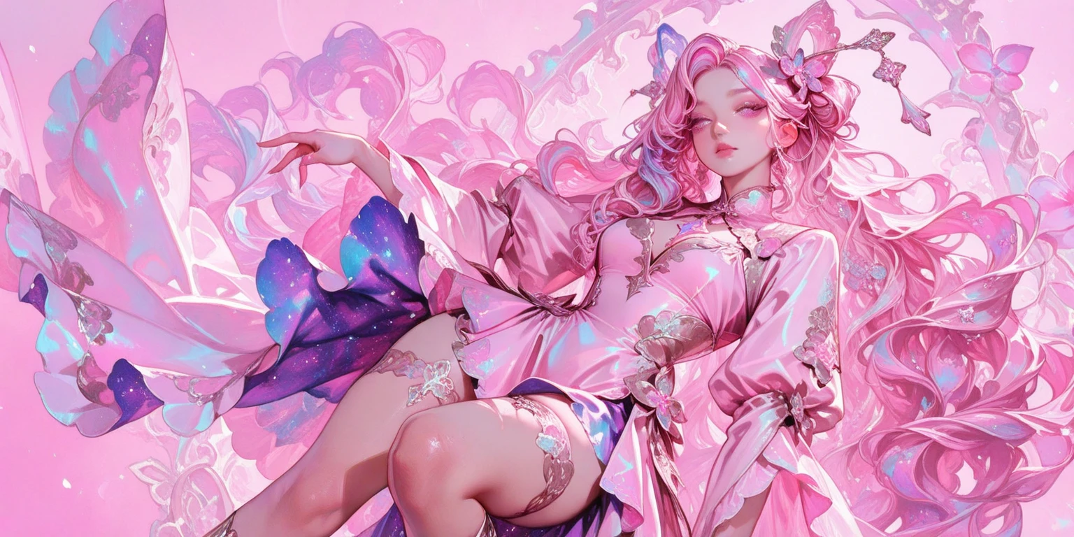 Magenta hair, older woman, cat ears, long hair, smiling face, sexy outfit, butterflies, floating hearts, tropical background, teal, pink, and gold dress clothes