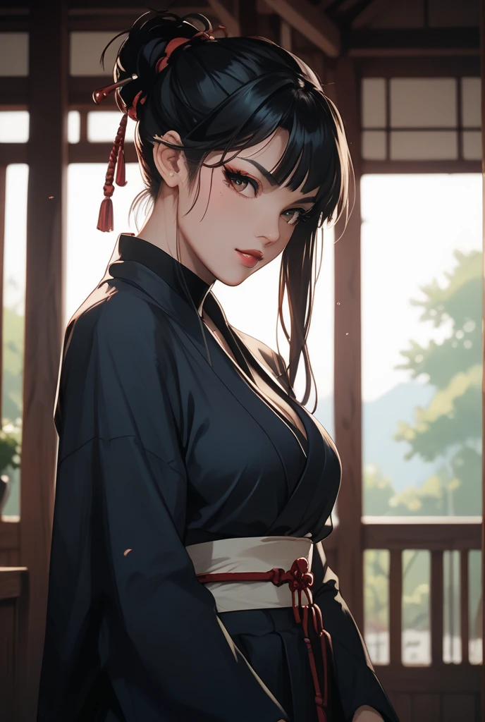 (8K, Highest quality, masterpiece, Ultra-high resolution) One girl, Cute face, １６talent ,Beautiful Eyes, Facial details, Black Hair, Braid, Grey Eyes, Pale skin, Plump lips, cute lips, Cute Black Dress, Dim Japanese house, masterpiece, Highest quality, Upper Body, Looking at the audience, close