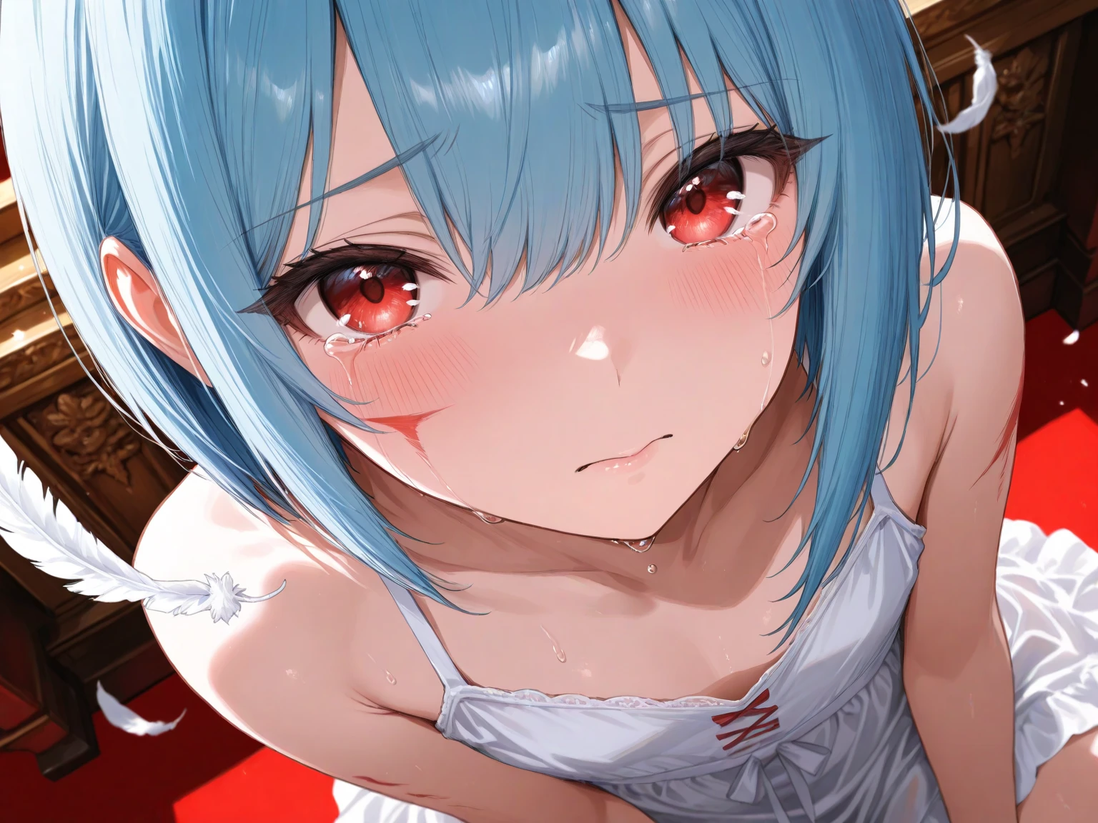 1girl, ultra high res,smile, open mouth, large chest, cleavage, perspective is from above girl's face, girl looking up a viewer , uvula