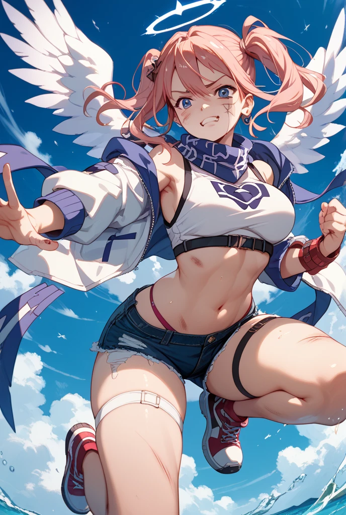 1girl, solo, heaven, clouds, light, cowboy shot, :D, towawhite, (halo), (angel wings, giant wings), high ponytail, very long hair, navel, white crop top, white jacket, cleavage, white shorts, short shorts, navel, long sleeves, white gloves, knee pads <lora:tokoyami towa 5 outfits:1>