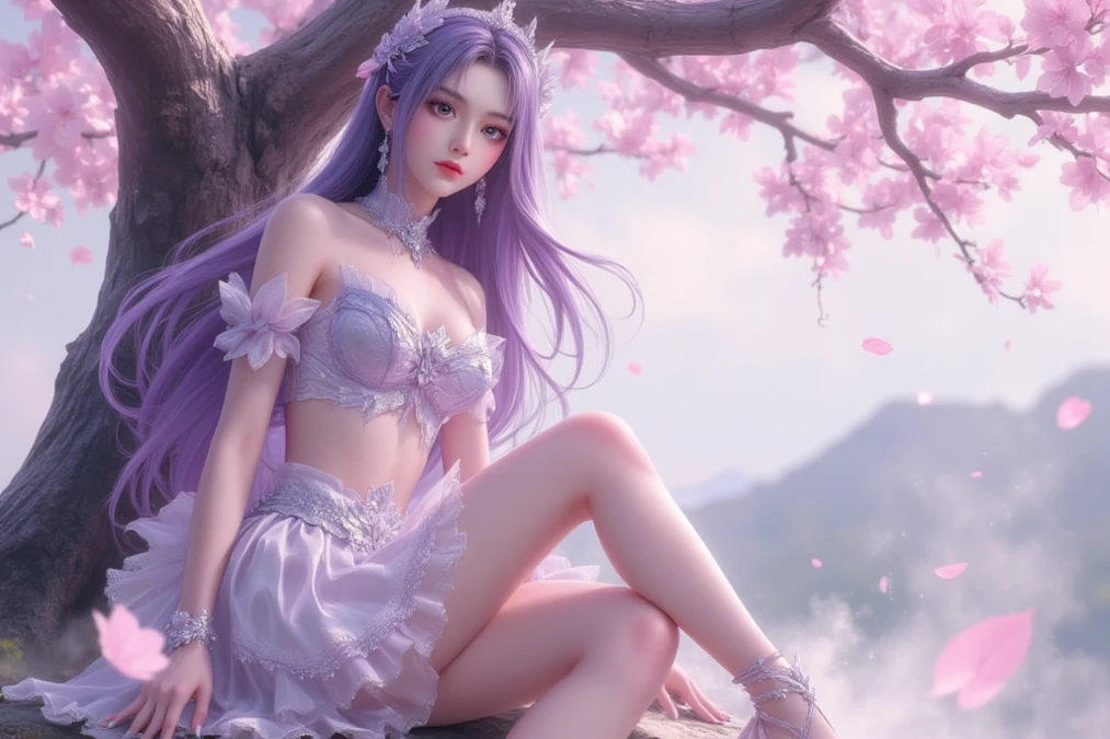 Purple Hair,Purple Eyes,master,Purple clothes,She wore a jade lotus hairpin in her hair.,Wearing a lavender wide-sleeved plain fairy dress,She was a vision of ethereal beauty, a divine being, but also a woman of incomparable loveliness.。Her skin was like congealed fat, pure white jade.,She seemed as delicate as if she could be pierced by a puff of air,;Her face was as delicate as a lotus bud, beautiful and peerless.,Her lips were like cherry blossoms, moist and luscious.,all incredibly alluring.。Her two curved eyebrows,,her distant mountain-like brows painted with a touch of green.;a pair of peach blossom eyes with a playful glint,,Her eyes, clear as autumn water, were moist and bright,。Even with her ethereal, god-like beauty, her bones like jade,,Hibiscus is like a face, and the willow is like an eyebrow。not the slightest exaggeration.。Even when sitting,,it was hard to ignore her perfect figure, with a voluptuous chest and a rounded rear.。Her shoulders seemed to have been carved.,her full, rounded breasts,,Her waist was as thin as a willow branch, a mere handspan around.,The beautiful curves of her hips and legs were faintly visible.。