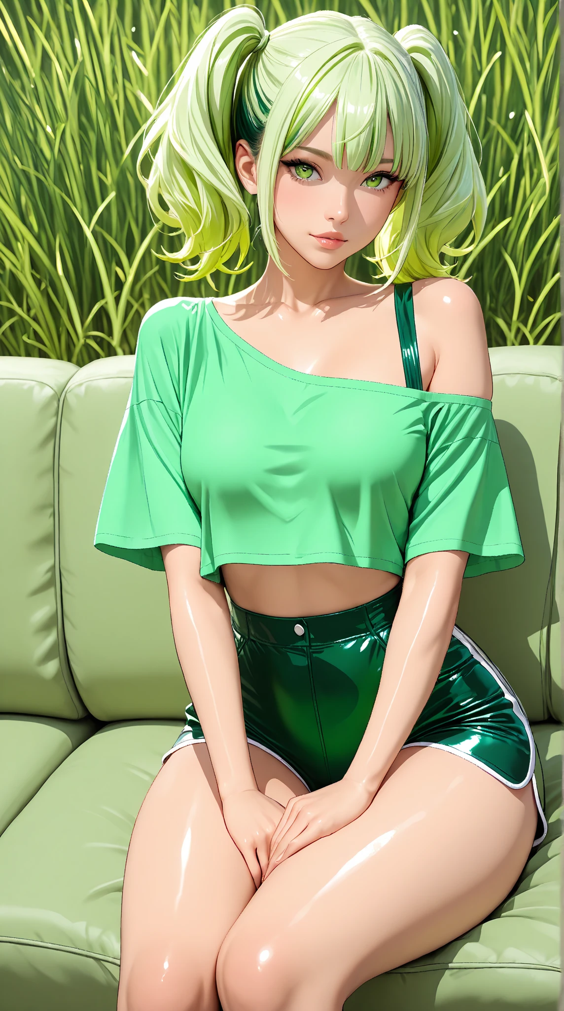 (((1 outgoing girl))), ((beautiful 25 year old with medium breasts)) solo, (((long neon green hair blown by the wind))), neon green eyes, short kawaii crop top, cute cute shorts, lace, looking at the viewer, luxurious, elegant, extremely detailed, pink lips, smiling, shy, feminine charm, blurry, beautiful house, living room, window, butterfly, beautiful flowers, depth of field, sensual and elegant pose