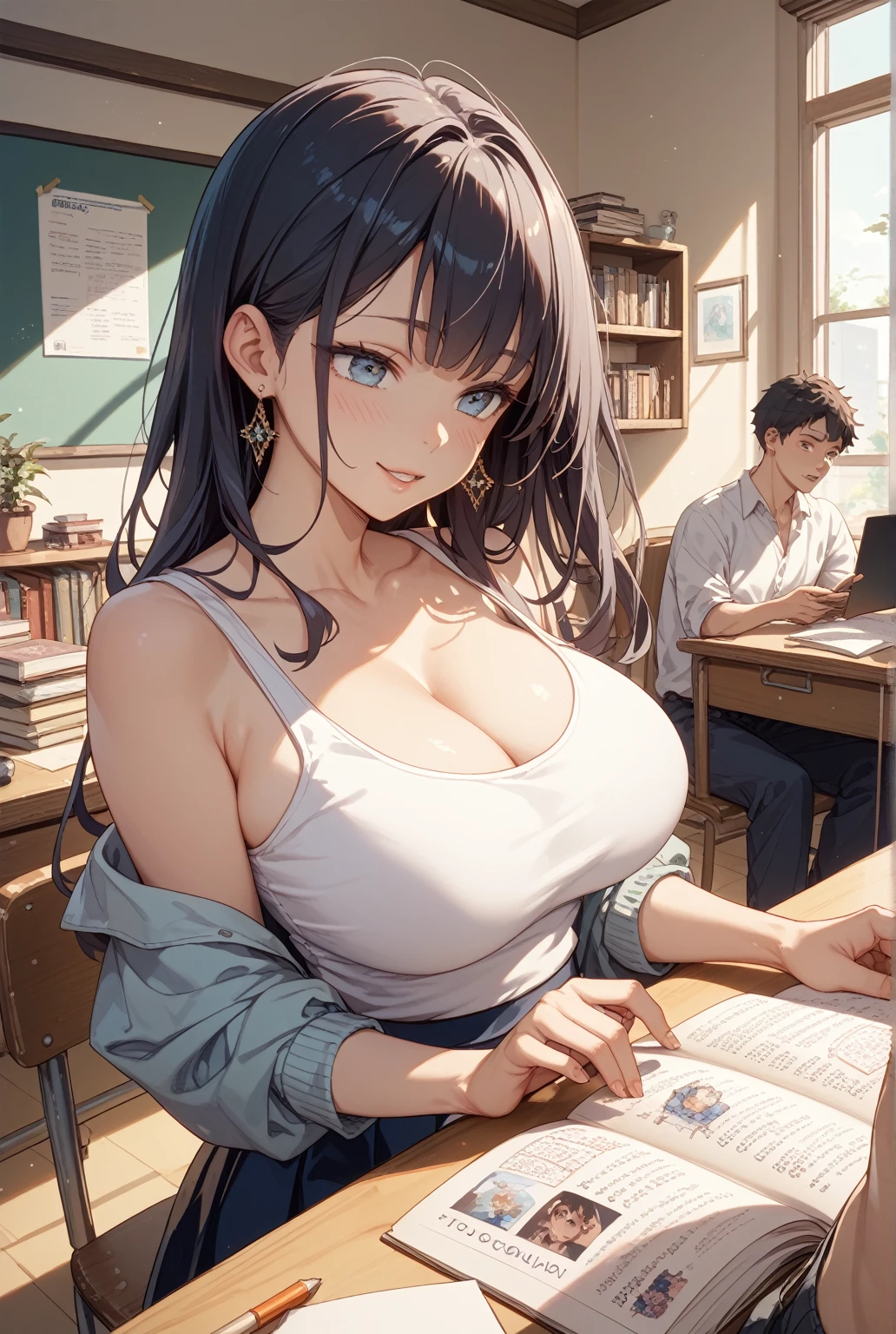 2girls, paizuri, 1boy,, pov, large breasts, penis between the breasts, breasts squeezed together, in the room, window, , wet penis , motion lines, beautiful , unbuttoned, paizuri underclothes, , classroom, beautiful girlfriend, and classmates, watching, button gap, room, pubic hair, a naughty classmate taking a picture using her smartphone