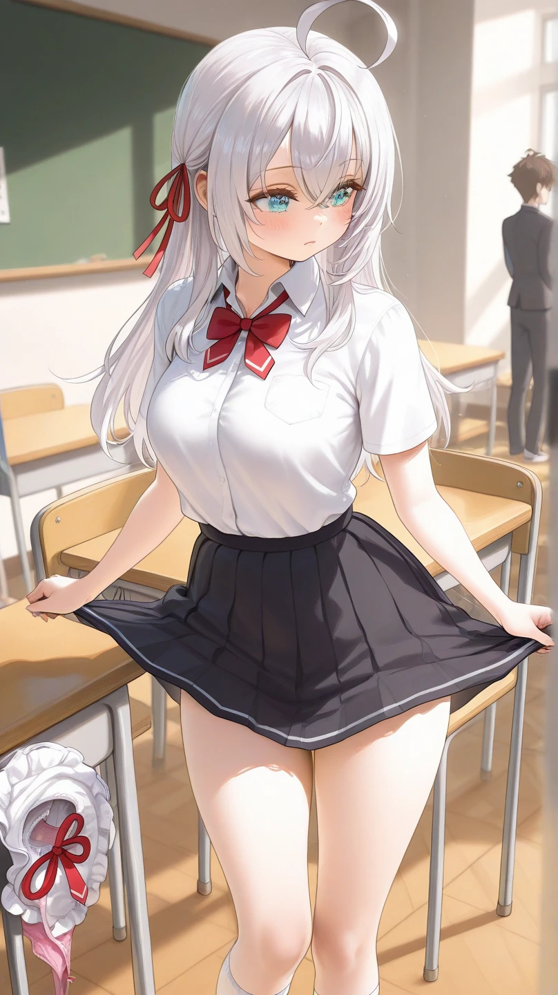 Best Quality,masutepiece,fullnude,look down on, Upper body,silber hair,Strands of hair,Fair skin,Classroom,tiny chest、Take off your uniform, Bow, Red bow, Long sleeves, Shirt, Collared shirt, White shirt, Skirt, Pleated skirt, Black skirt, tiny chest、looking at the viewers, BREAK (masutepiece:1.2), Best Quality, High resolution, Unity 8k壁纸, (Illustration:0.8), (Beautiful detailed eyes:1.6), extra detailed face, Perfect Lighting, extremely details CG, (Perfect hands, Perfect Anatomy),A smile、(Skirt lift:1.3), (white panties:1.3)、(Skirt that rolls up:1.3)、(Fully exposed panties:1.5)