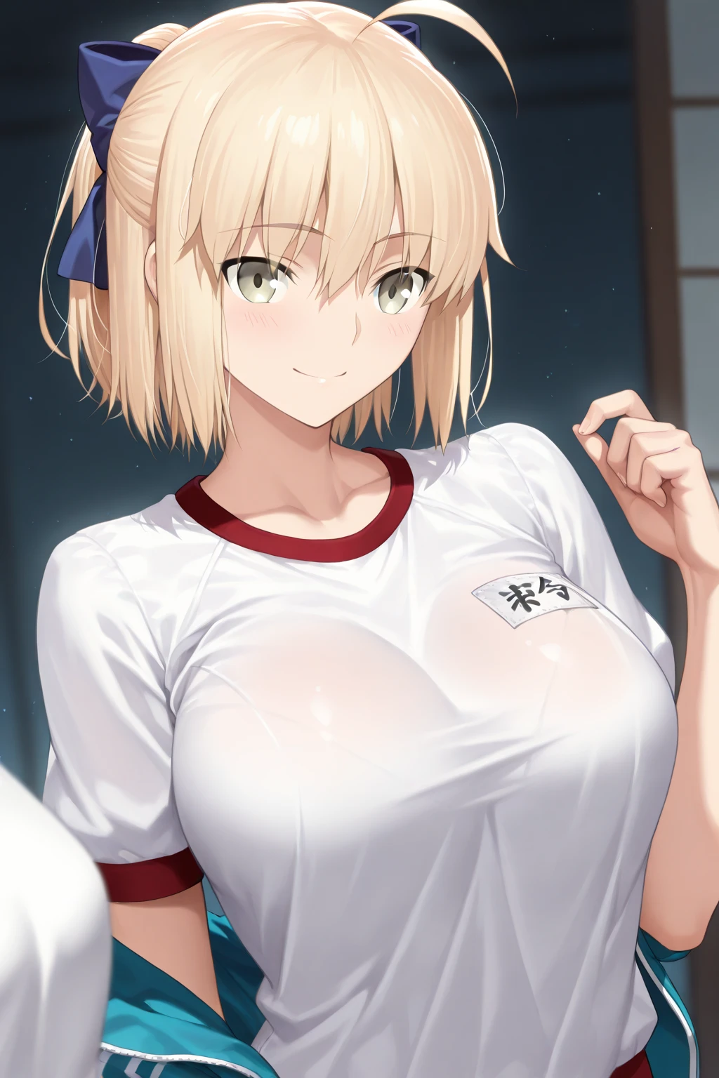 score_9, score_8_up, score_7_up, source_anime,1girls,chisato nishikigi, short hair, bangs, blonde hair, red eyes, hair ribbon, one side up, bob cut, smile, shirt, long sleeves, dress, ribbon, white shirt, collared shirt, belt, neck ribbon, (red dress), blue ribbon, pleated dress, grey dress, two-tone dress, red belt, lycoris uniform, large breasts, half updo, japanese style room, tatami, futon, night, 1boy, paizuri, , facial, seductive smile, steam, (sound effects), uncensored, motion lines, trembling,((open shirt)),uncensored,rating explicit,penis,(motion blur around breasts with titsjob:1.38), pov, open mouth, (evil_grin,smug), heavy breathing, nipples