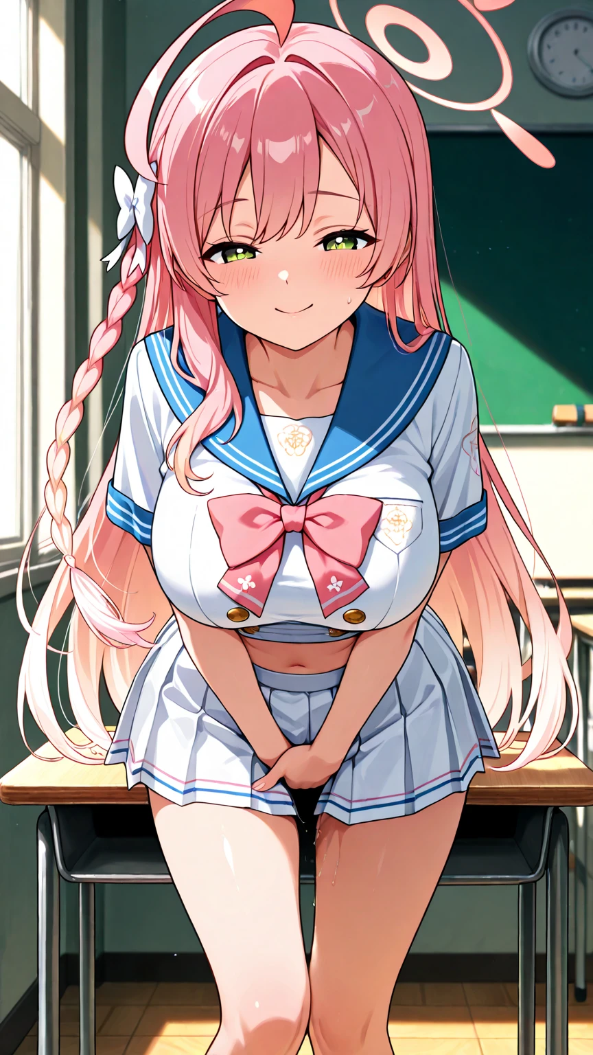 ((masterpiece、Highest quality、Super detailed)、((One girl))、((Pink Hair))、((Twin tails))、((Light blue eyes))、evil smile、((lots of piercings))、((Very large breasts))、((serafuku))、((Navy blue pleated skirt))、((micro miniskirt))、curvy、((wide hips))、Cowboy Shot、Pretend、Shoot from behind、Shoot from below、Classroom Background