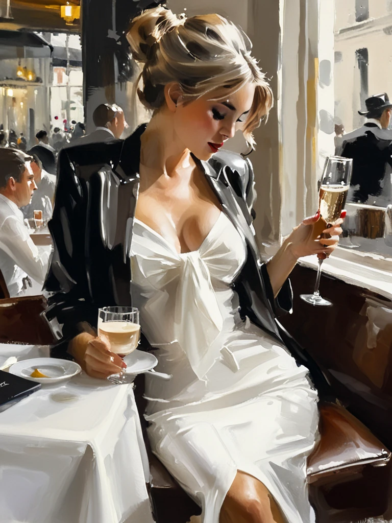 a stunningly beautiful young woman sitting in a Parisian street café, portrait by Willem Haenraets, watercolor, wet on wet and splattering techniques, centered, perfect composition, abstraction, surrealism, cleavage, sexy, thigh, short skirt